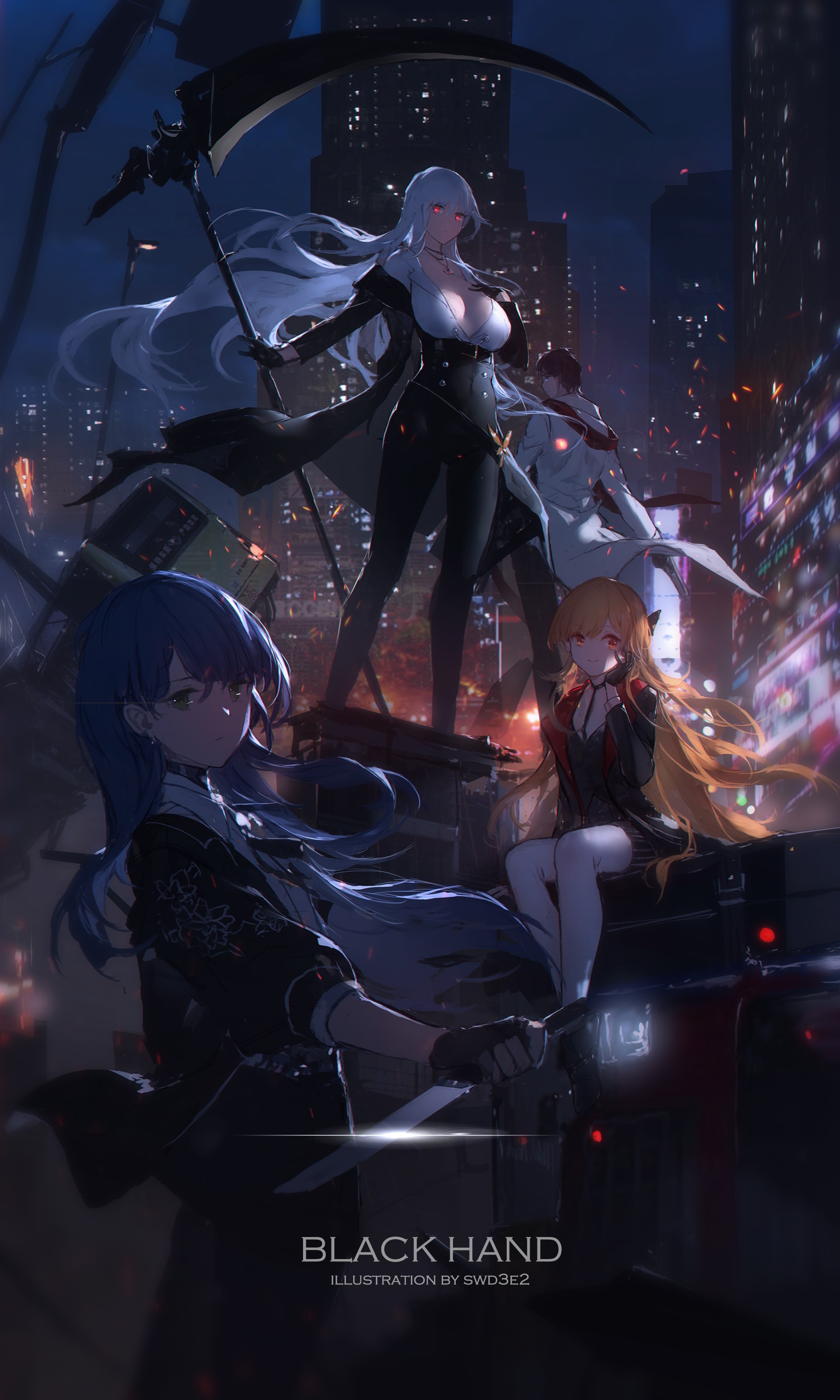 Black Hand anime characters with scythe and knives in city at night HD Phone Wallpaper