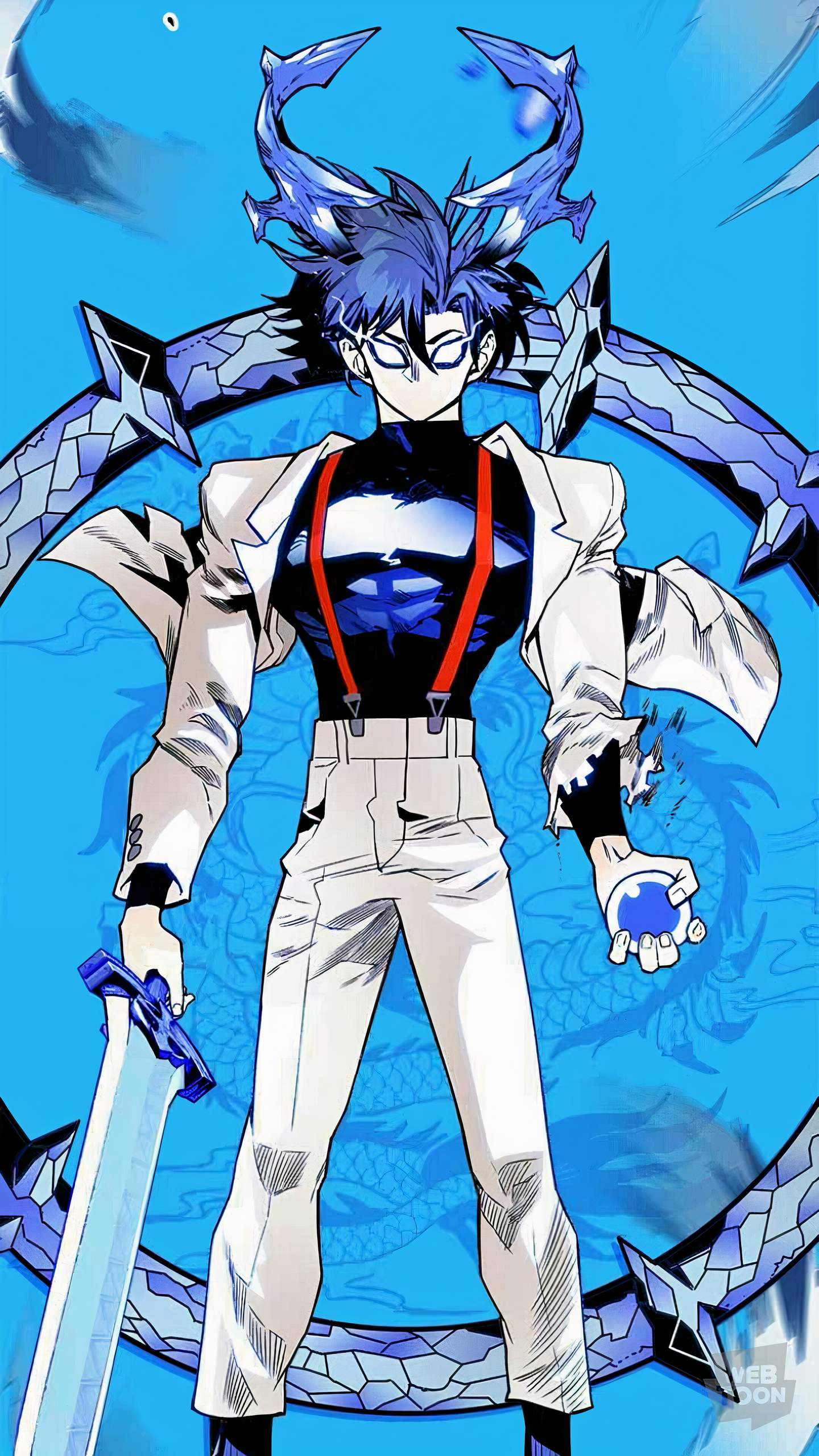 Man with blue dragon wings and sword HD Phone Wallpaper