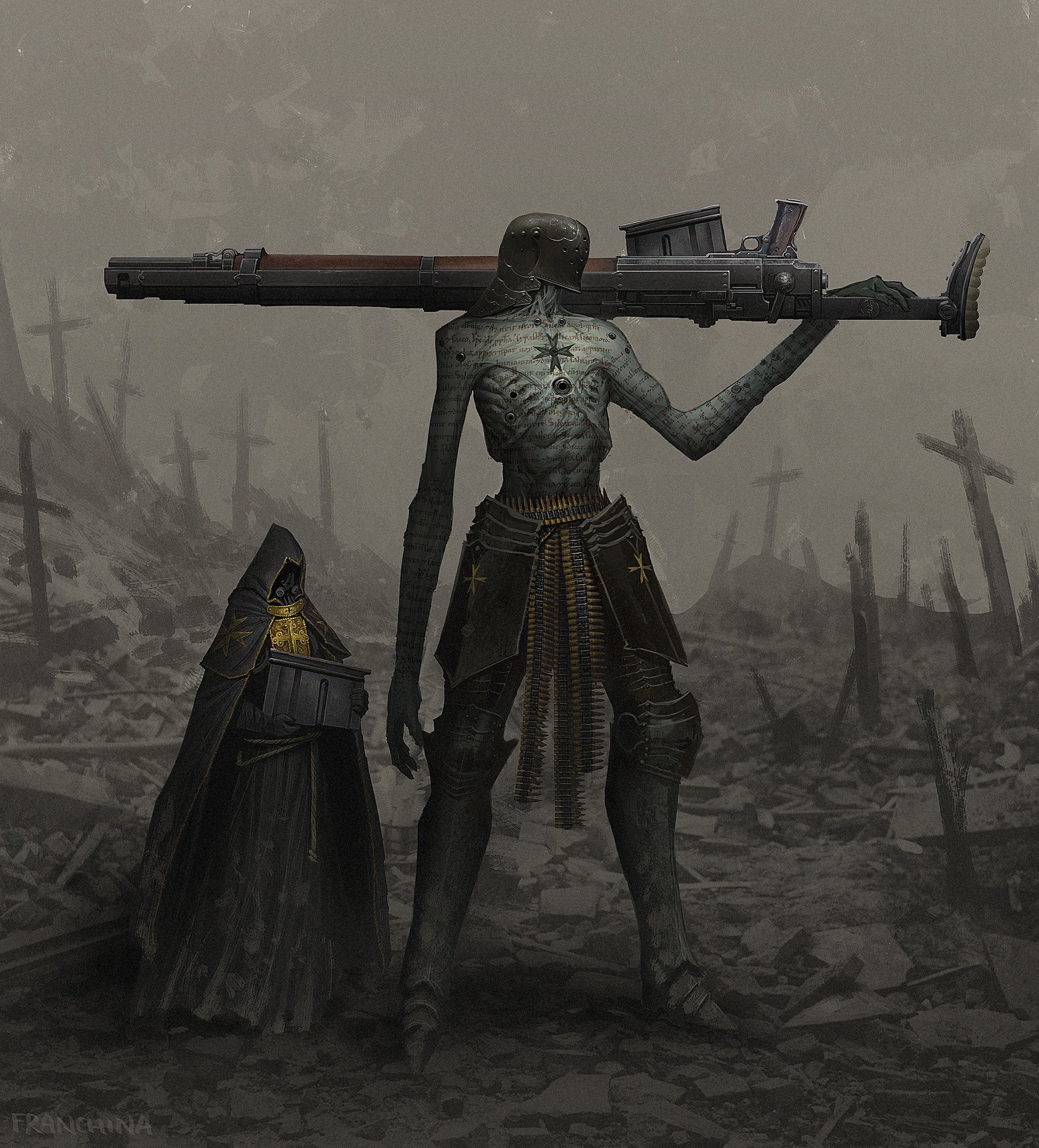Undead soldier with a large rifle and a cloaked figure in a graveyard HD Phone Wallpaper