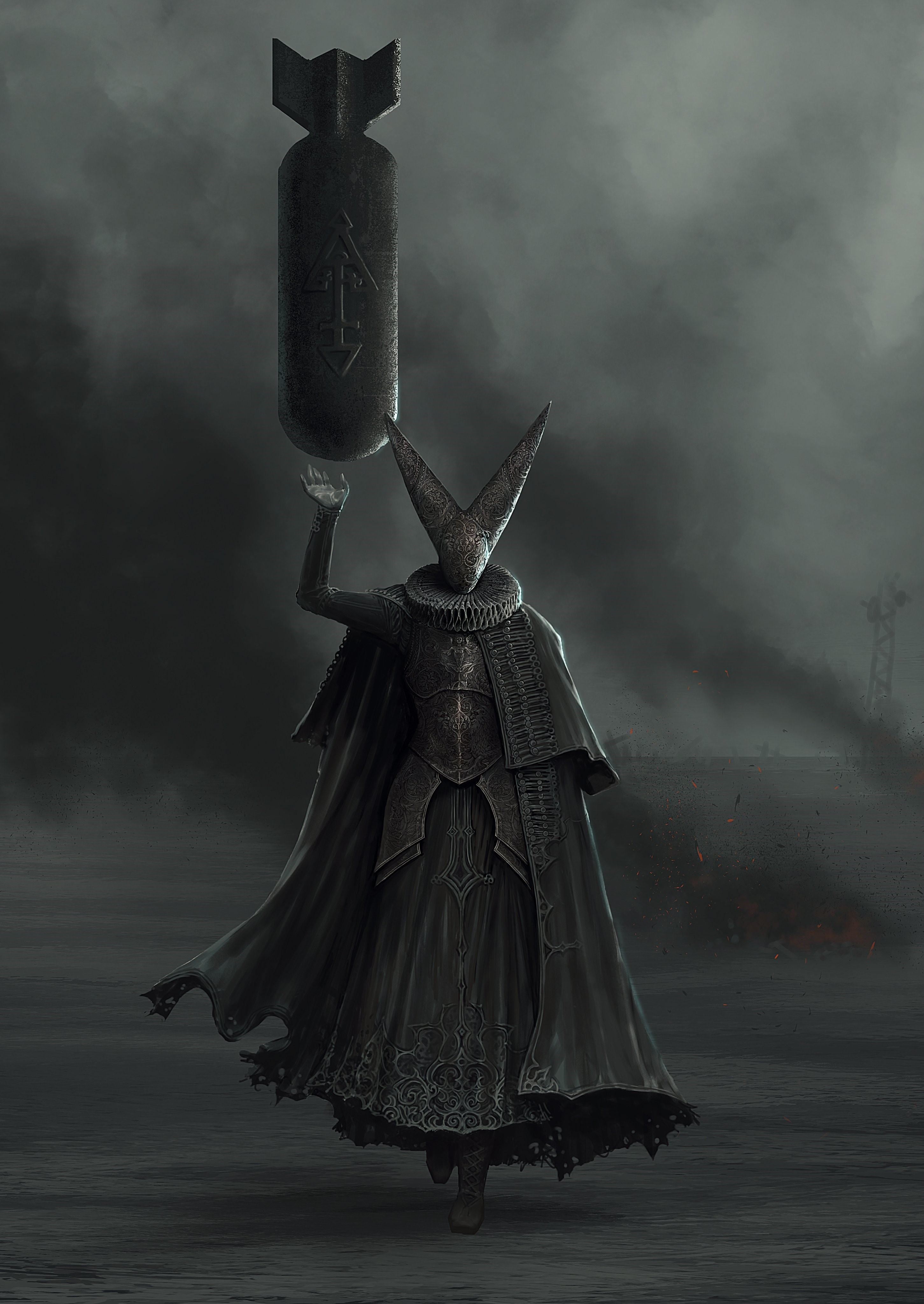 Figure holding a bomb in a desolate landscape HD Phone Wallpaper
