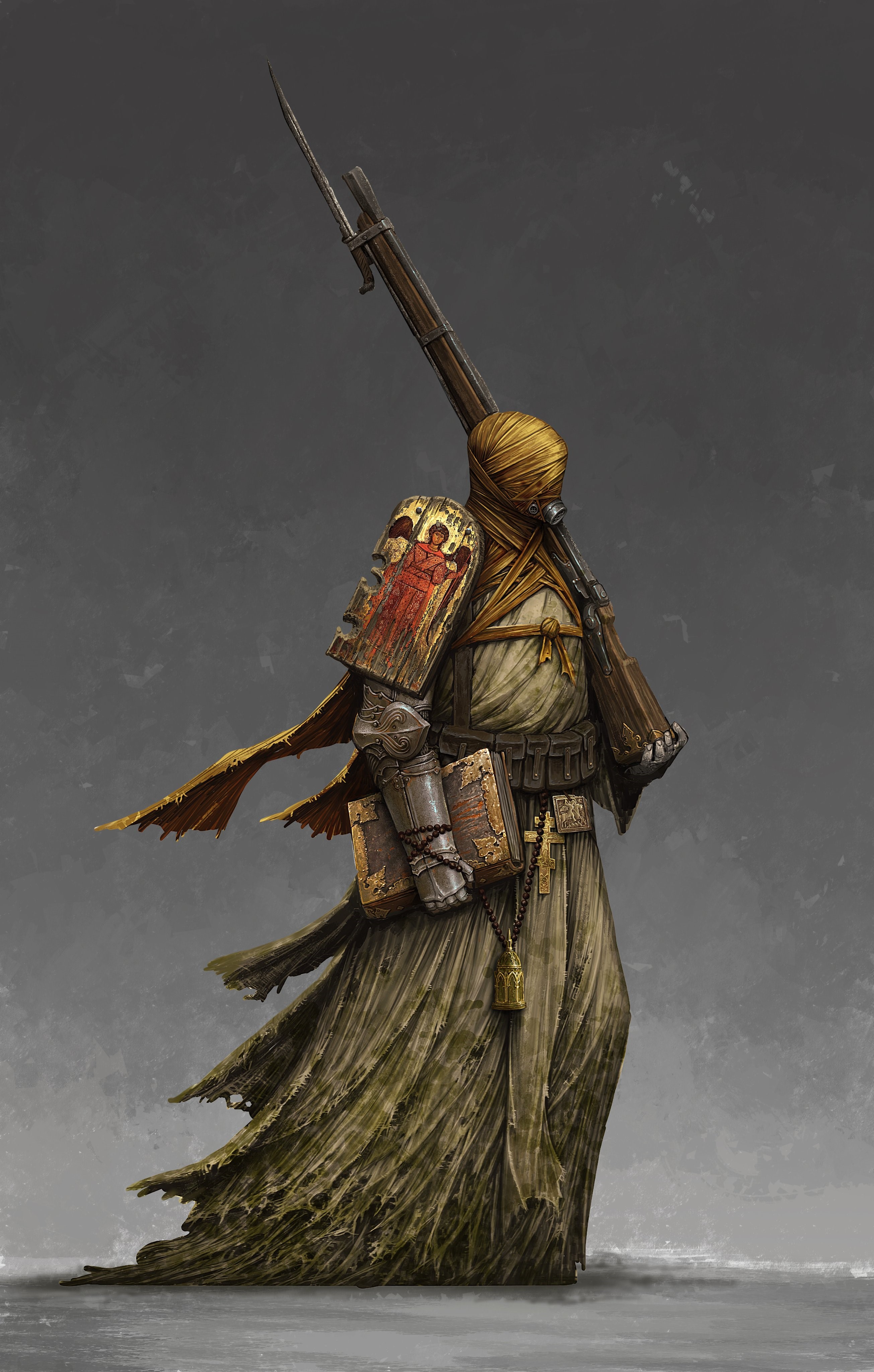 Artwork of a robed warrior with a rifle HD Phone Wallpaper