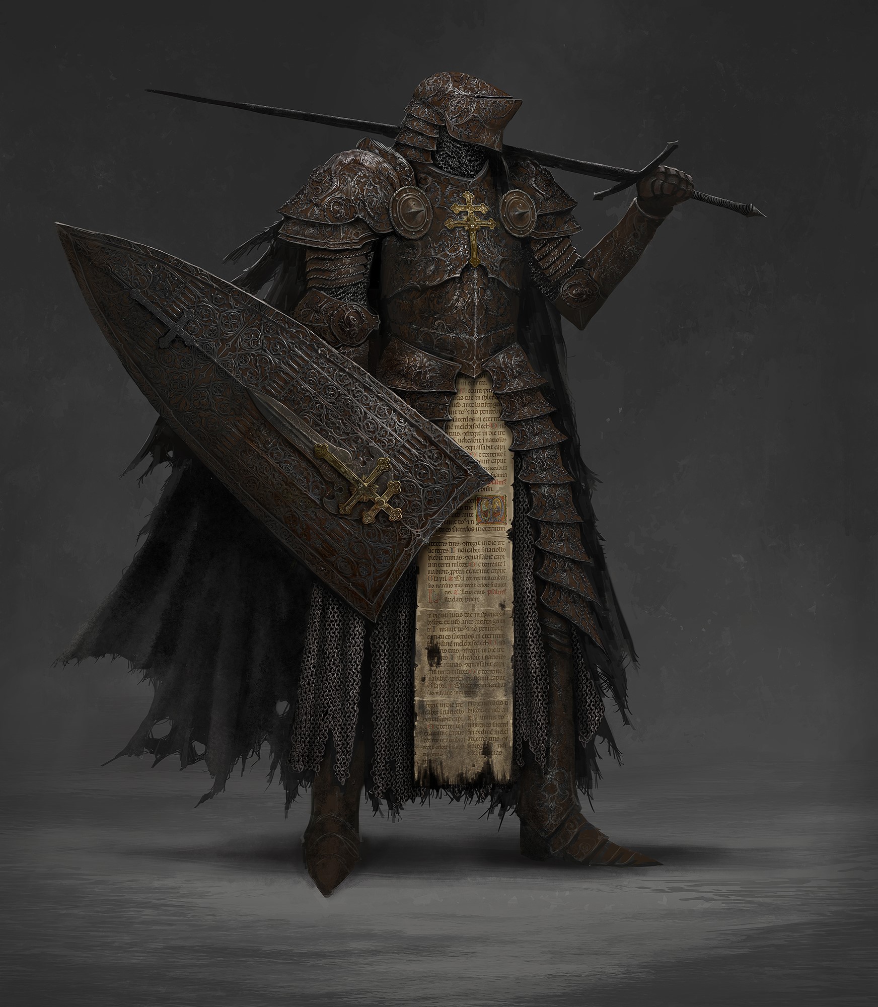 Dark Knight in Rusty Armor with Sword and Shield HD Phone Wallpaper