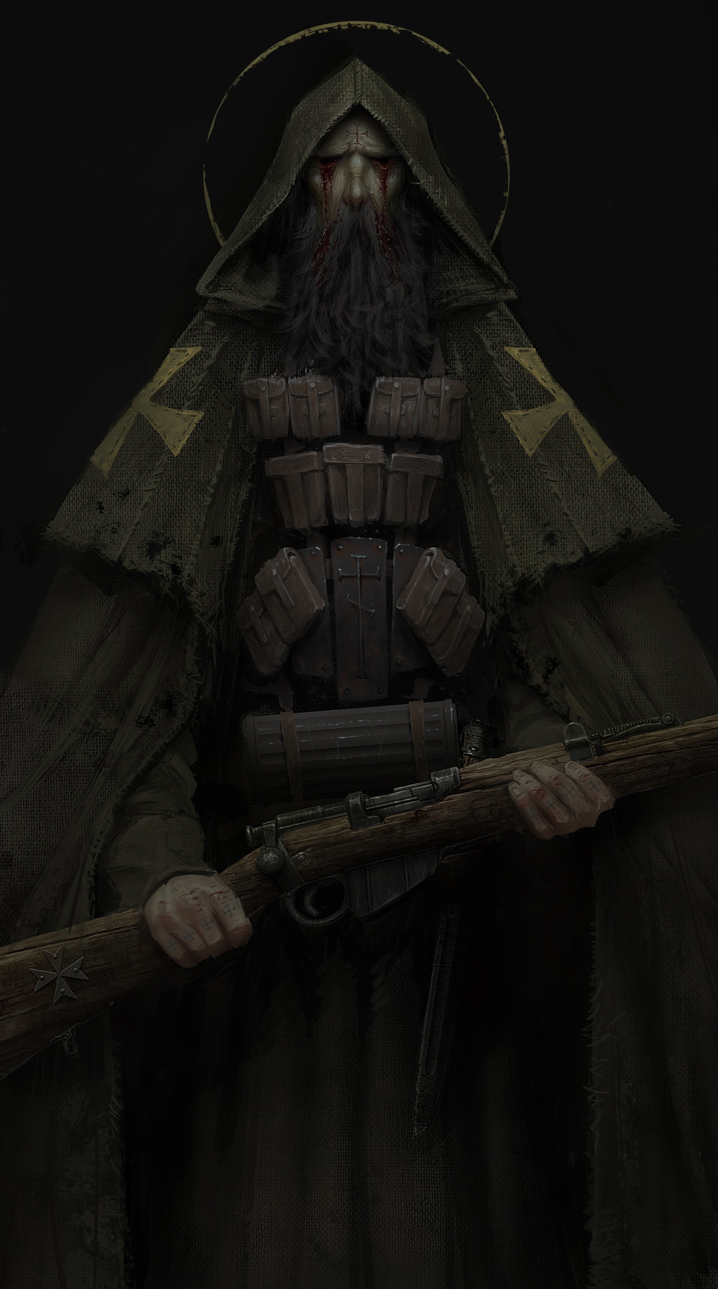 Artwork of a grim, robed figure with a rifle HD Phone Wallpaper
