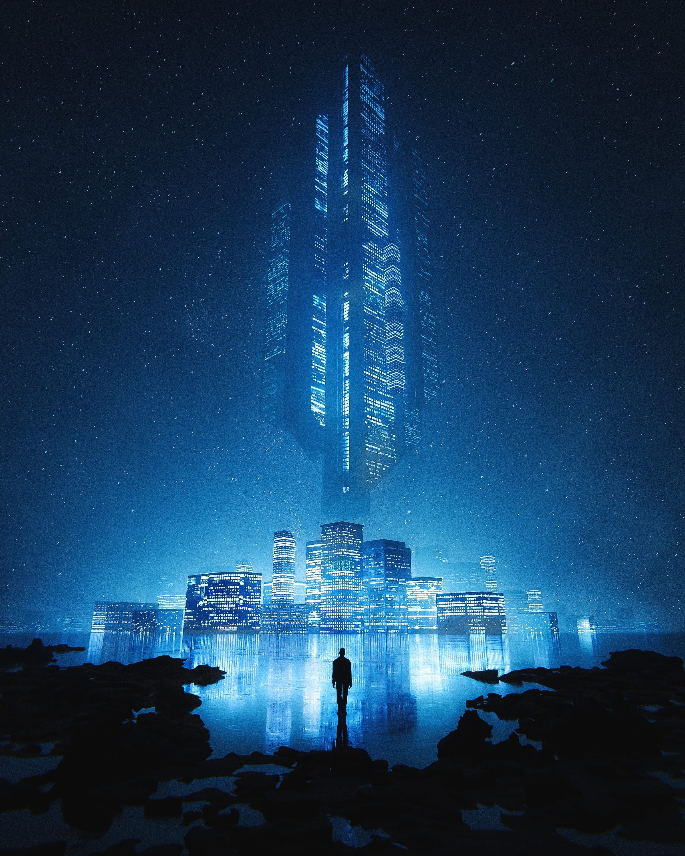 Futuristic Cityscape at Night with Stars HD Phone Wallpaper