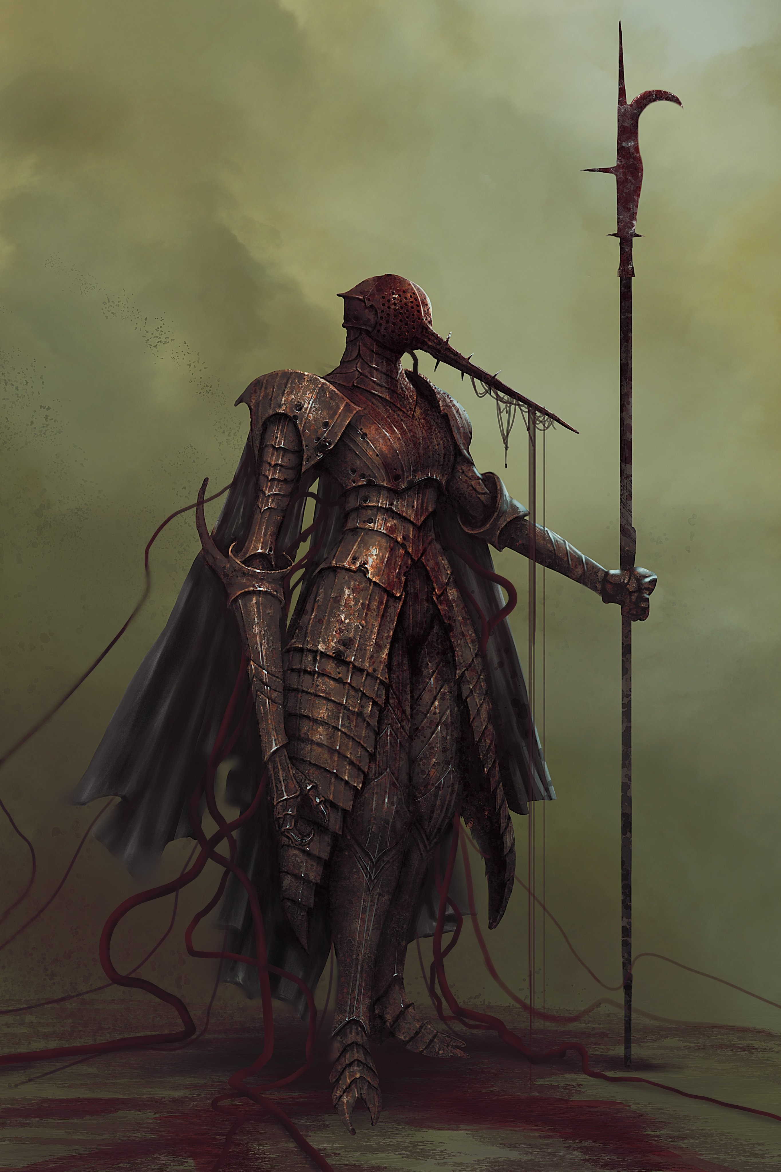 Dark Knight with Halberd and Red Tendrils by Mike Franchina HD Phone Wallpaper