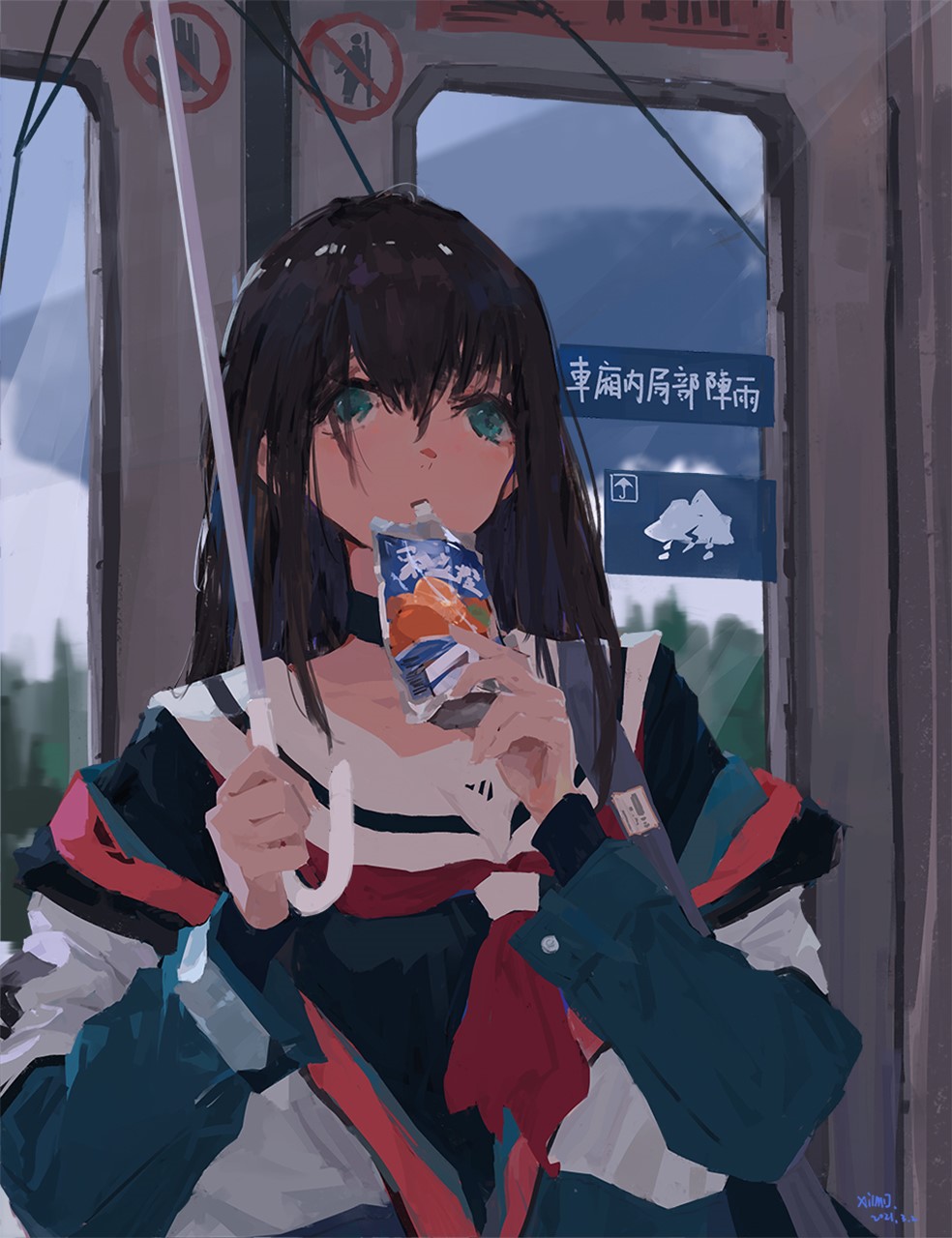 Anime girl with umbrella drinking juice HD Phone Wallpaper