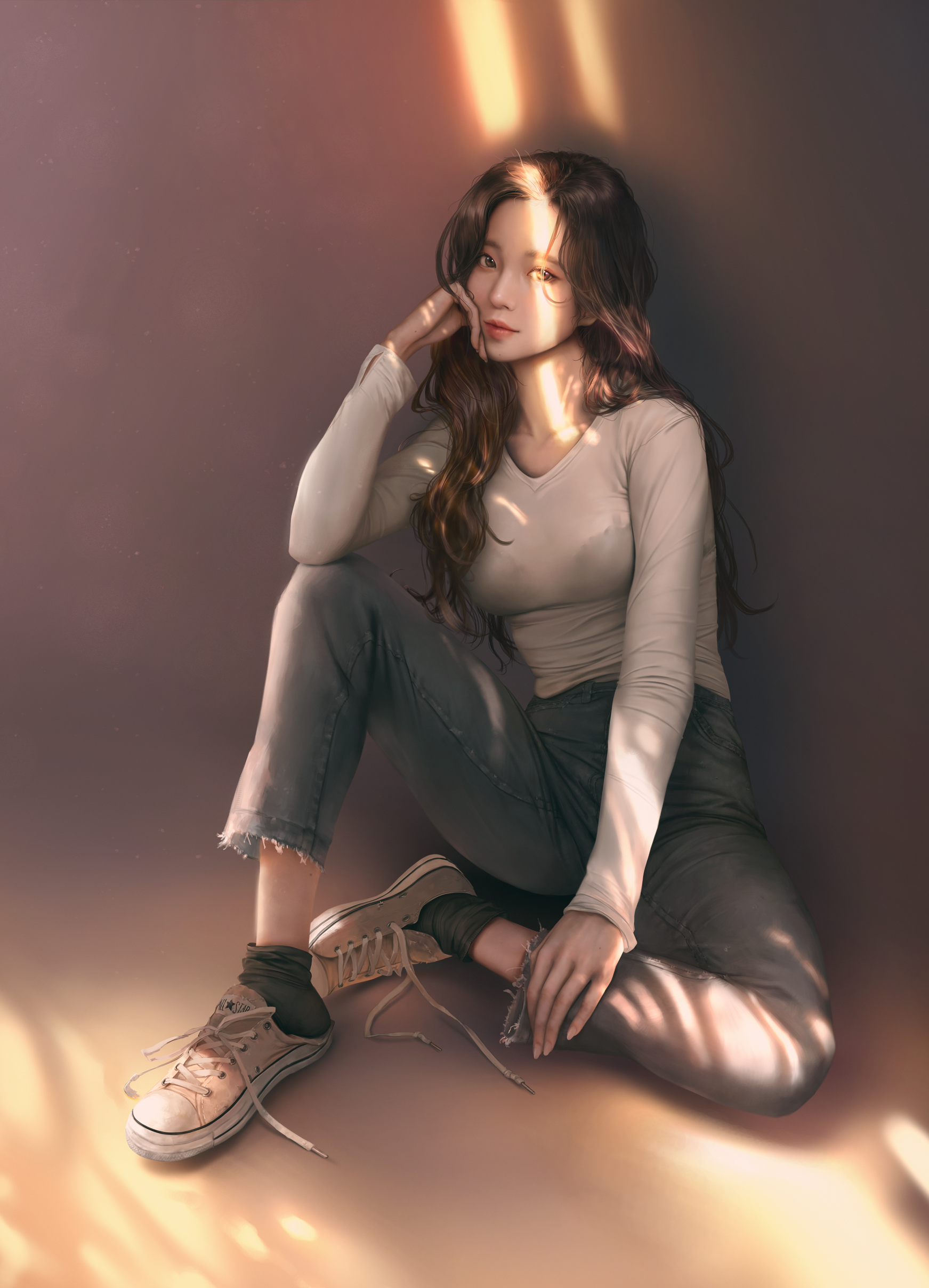 Woman sitting in sunlight, digital art by Yong Jun Park HD Phone Wallpaper