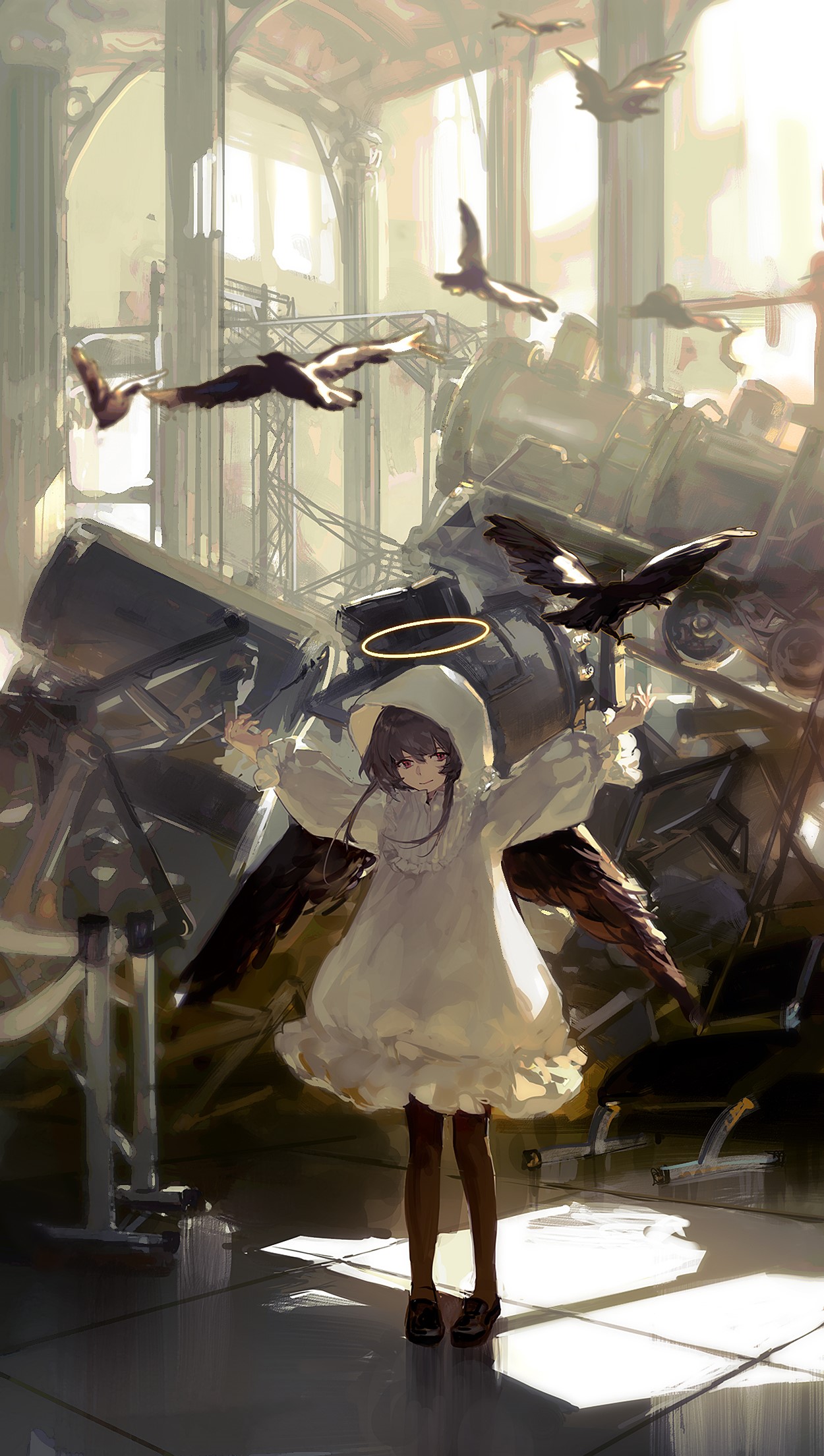 Anime girl with wings and halo in ruined building HD Phone Wallpaper