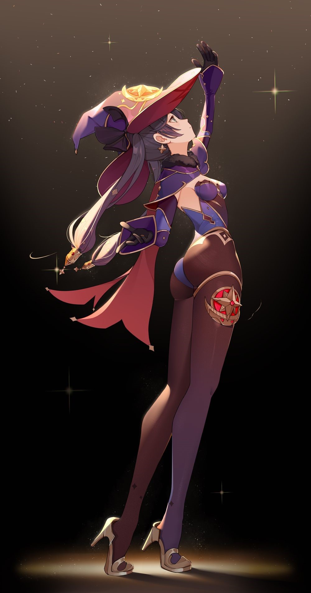Mona from Genshin Impact looking up at stars HD Phone Wallpaper
