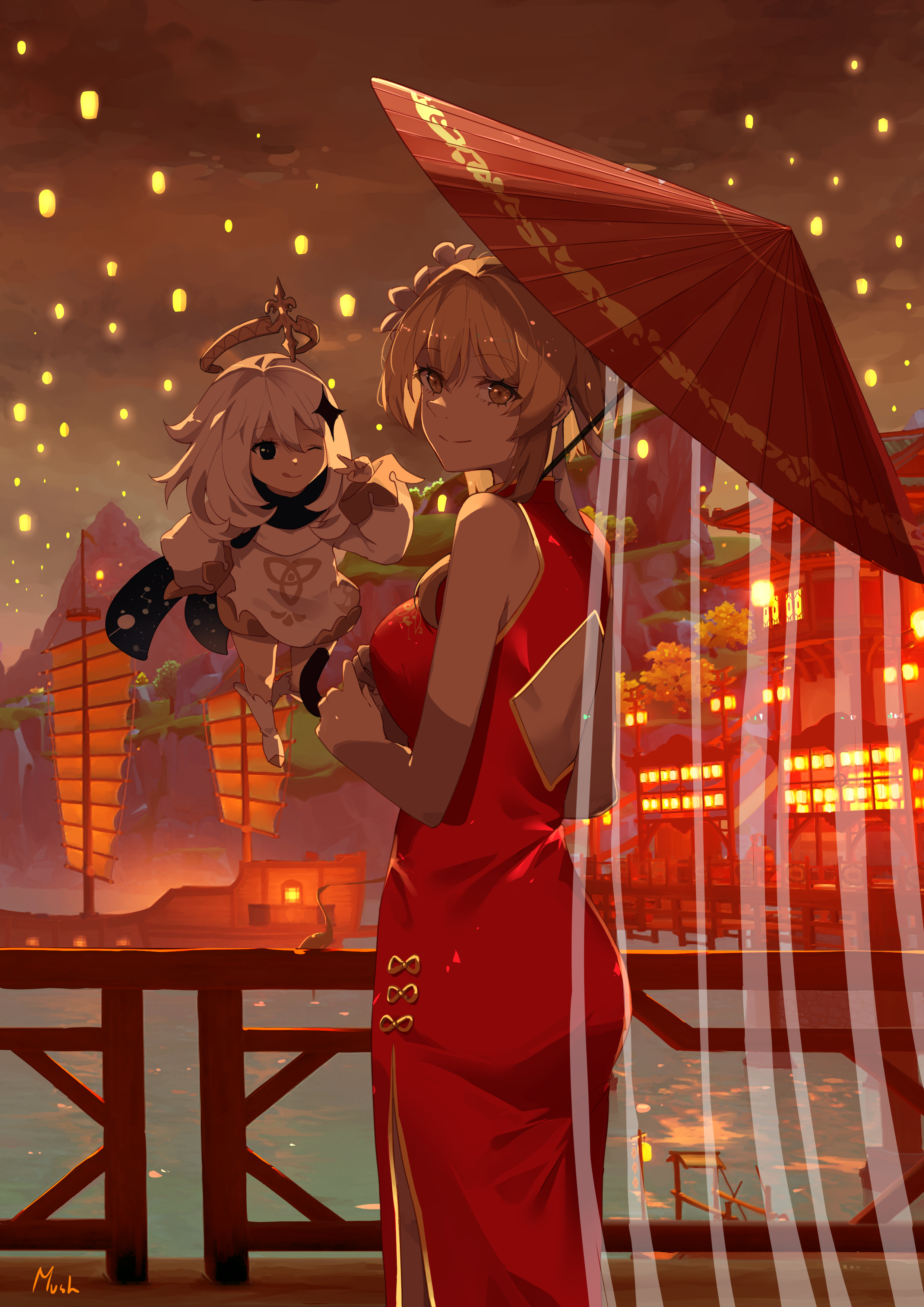 Lumine and Paimon from Genshin Impact with lanterns HD Phone Wallpaper