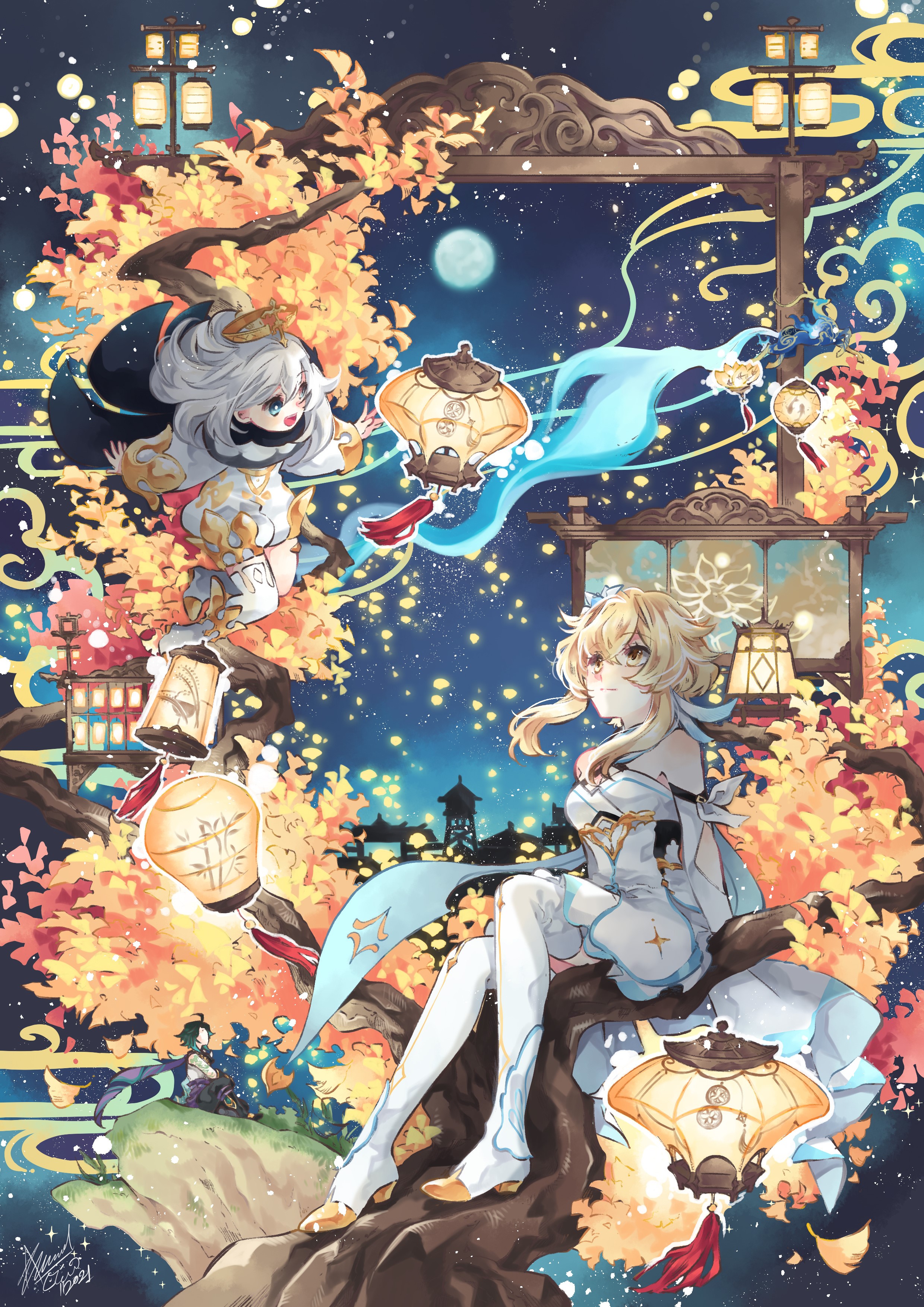 Paimon and Lumine from Genshin Impact with lanterns HD Phone Wallpaper