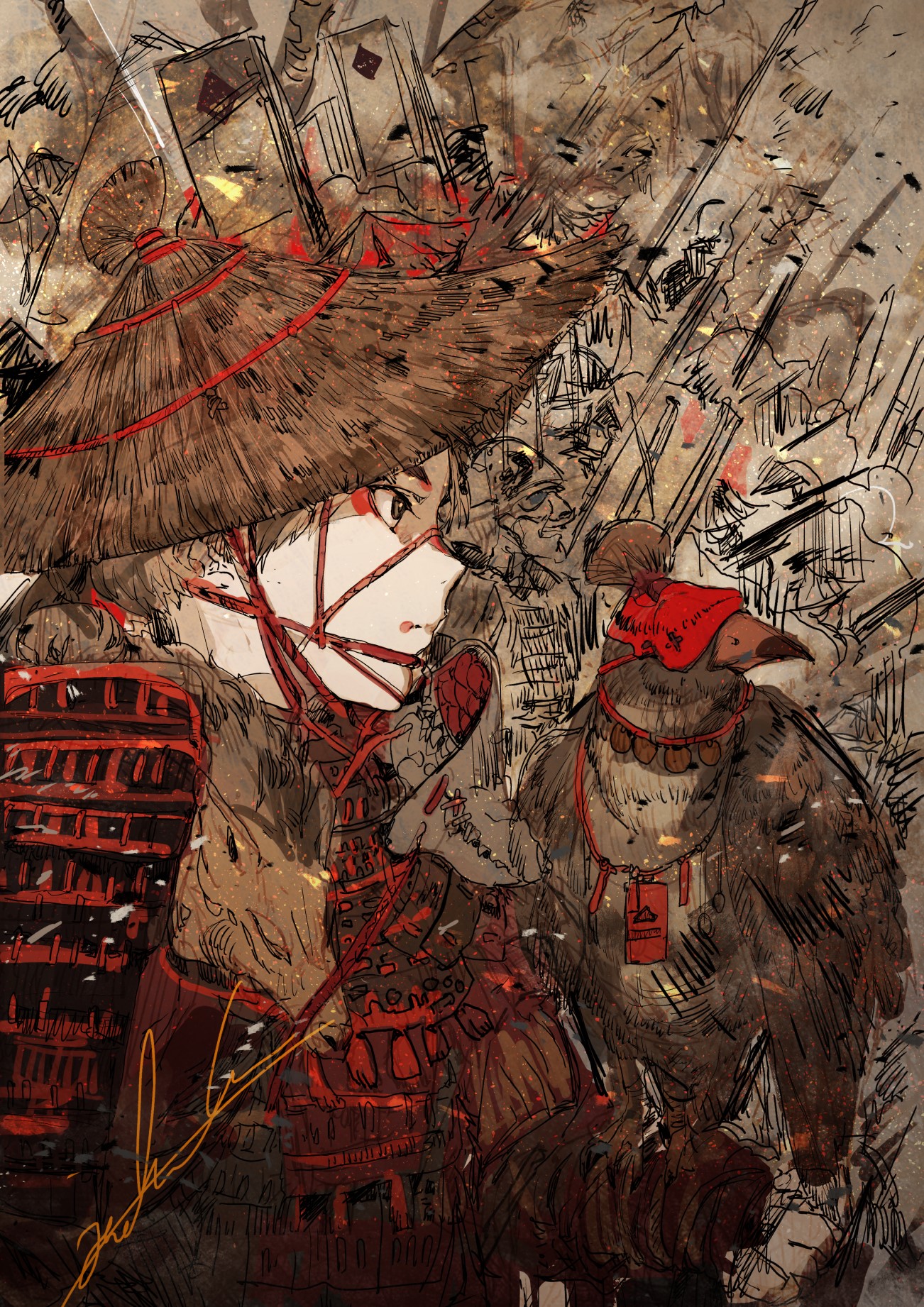 Samurai with hawk and straw hat HD Phone Wallpaper