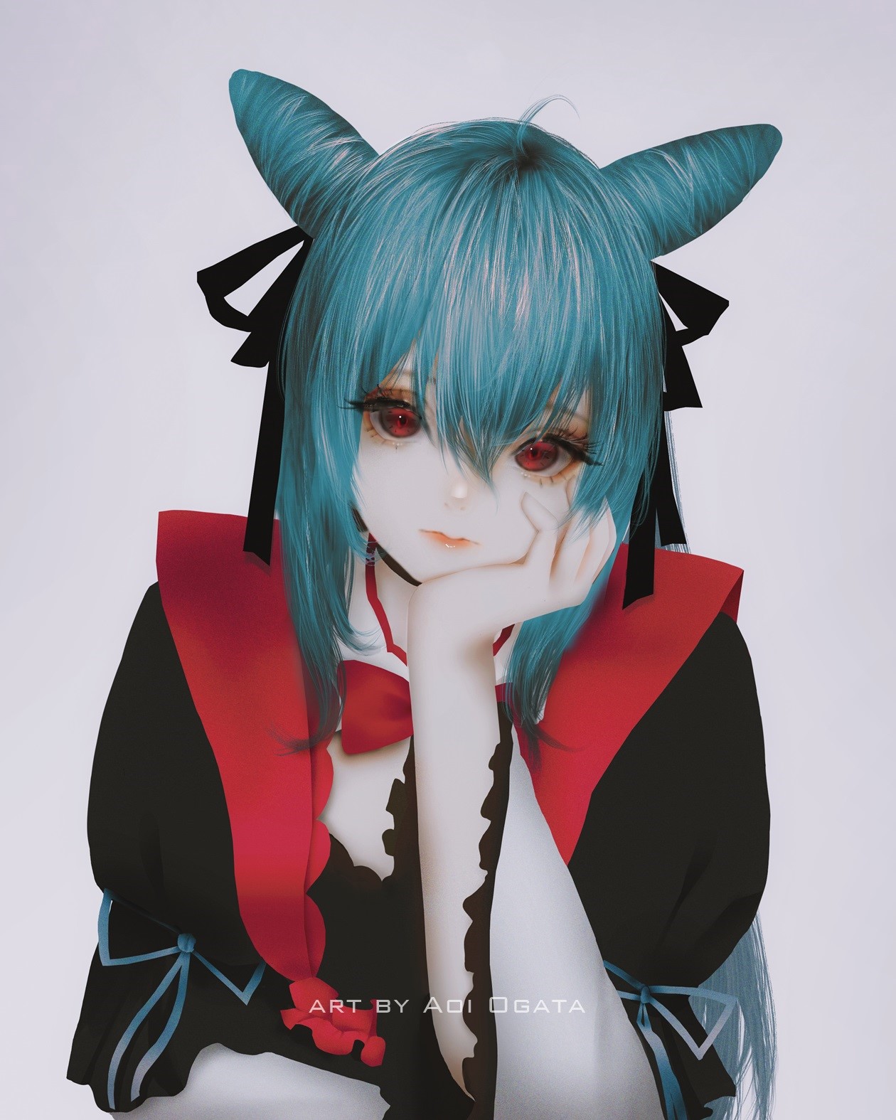 Anime Girl with Blue Hair and Red Eyes by Aoi Ogata HD Phone Wallpaper