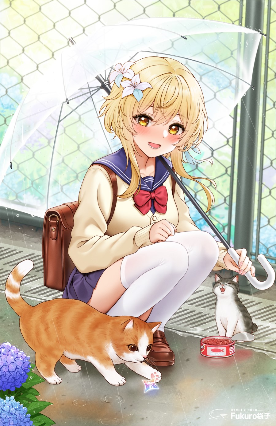 Lumine from Genshin Impact with cats in the rain HD Phone Wallpaper