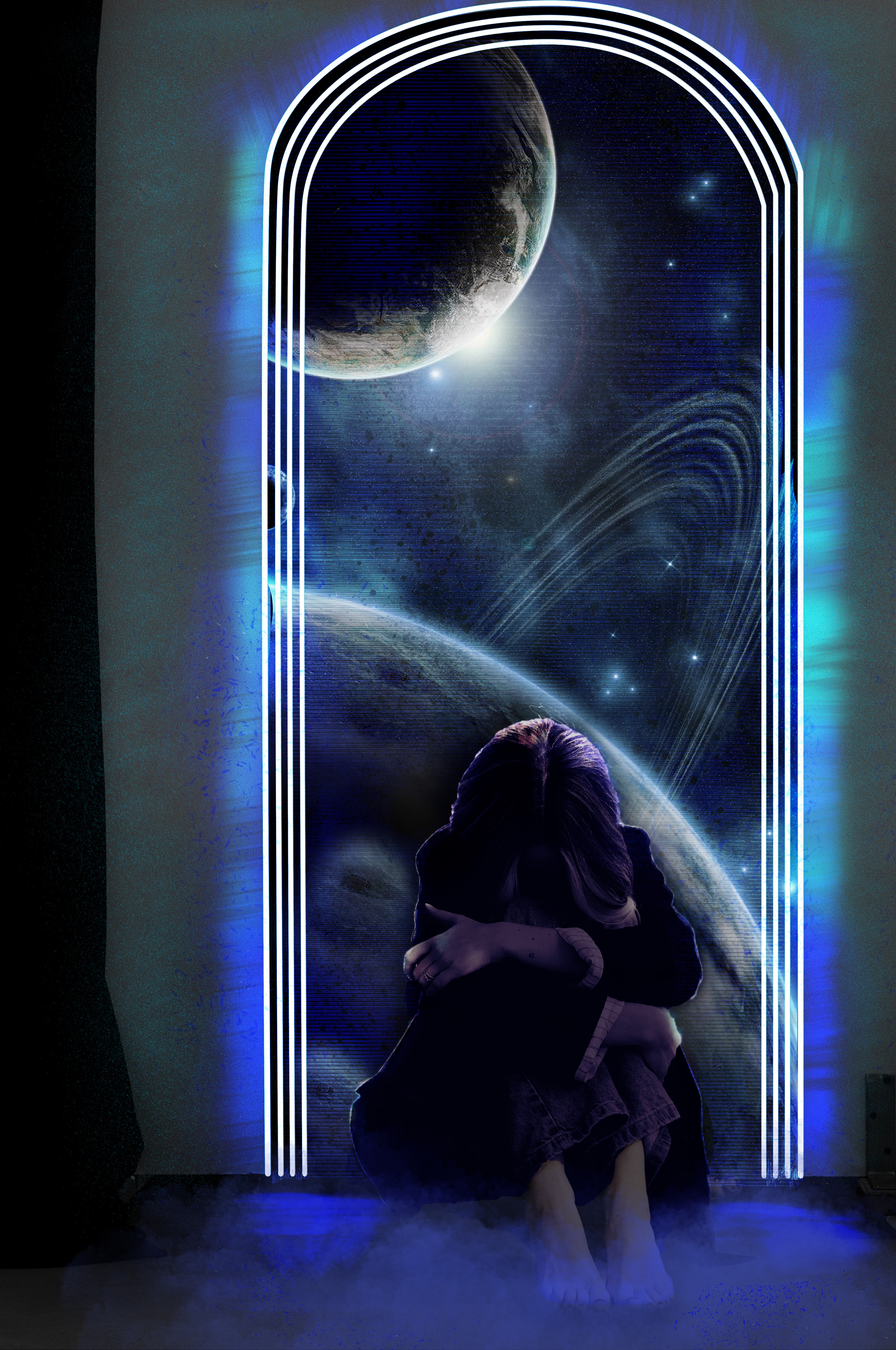 Woman sitting in front of a cosmic portal HD Phone Wallpaper