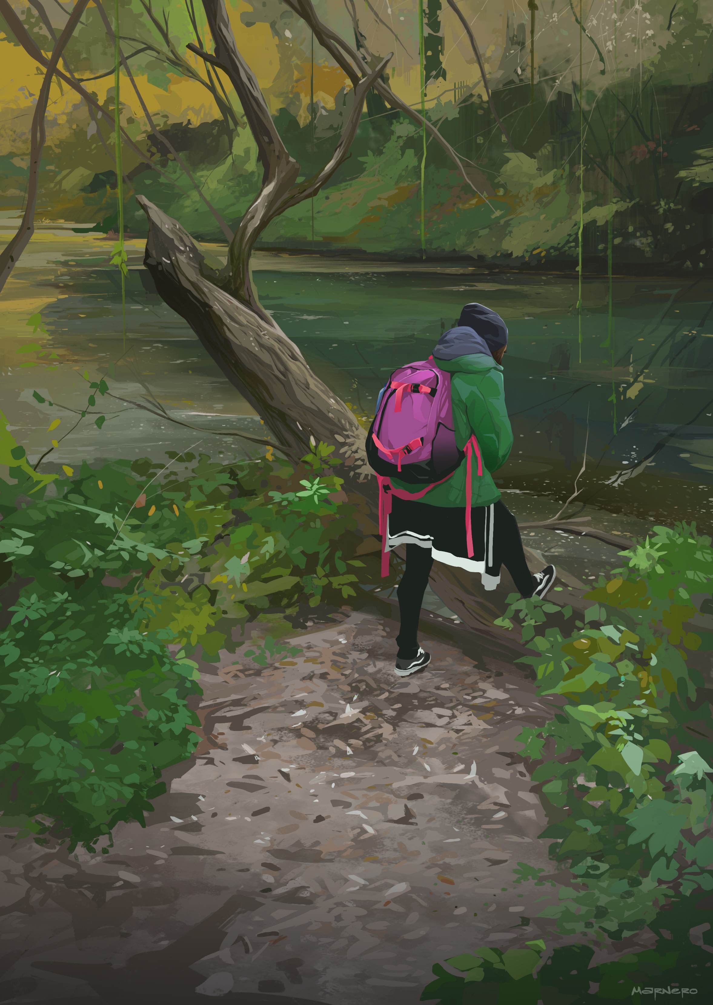 Woman with backpack by a river in a forest HD Phone Wallpaper
