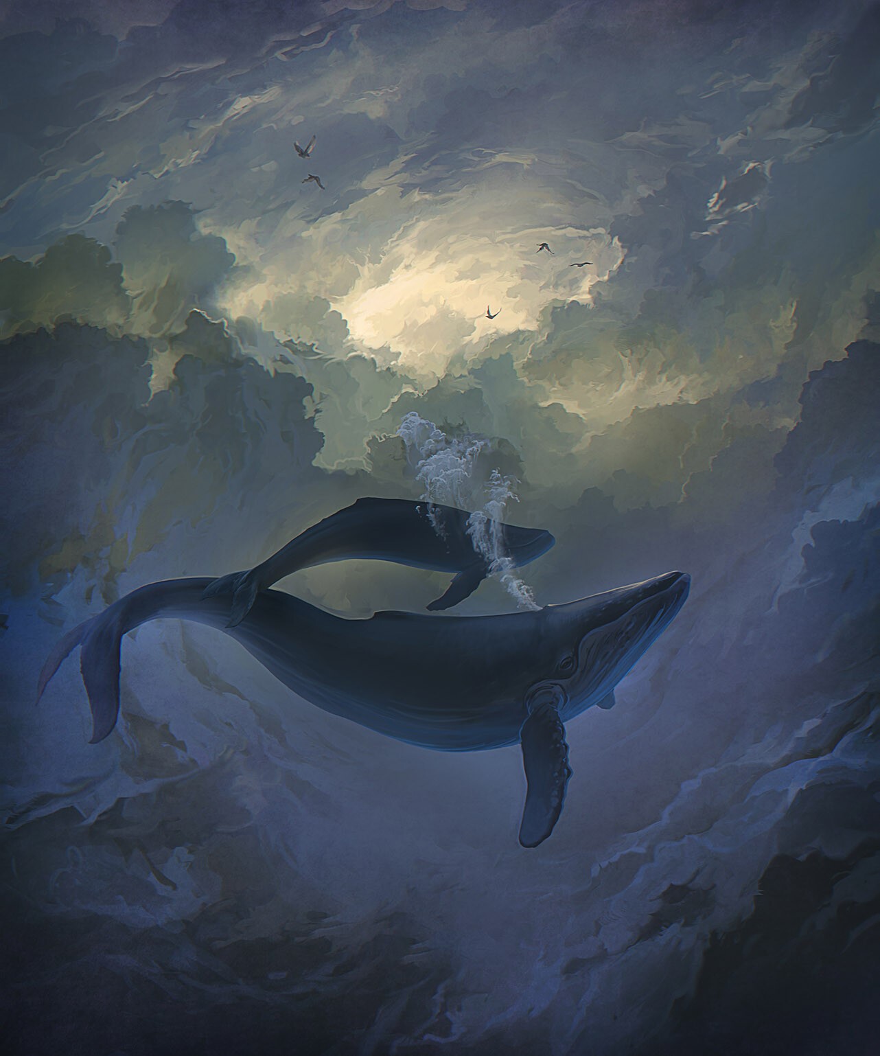 Whales flying through clouds with birds HD Phone Wallpaper