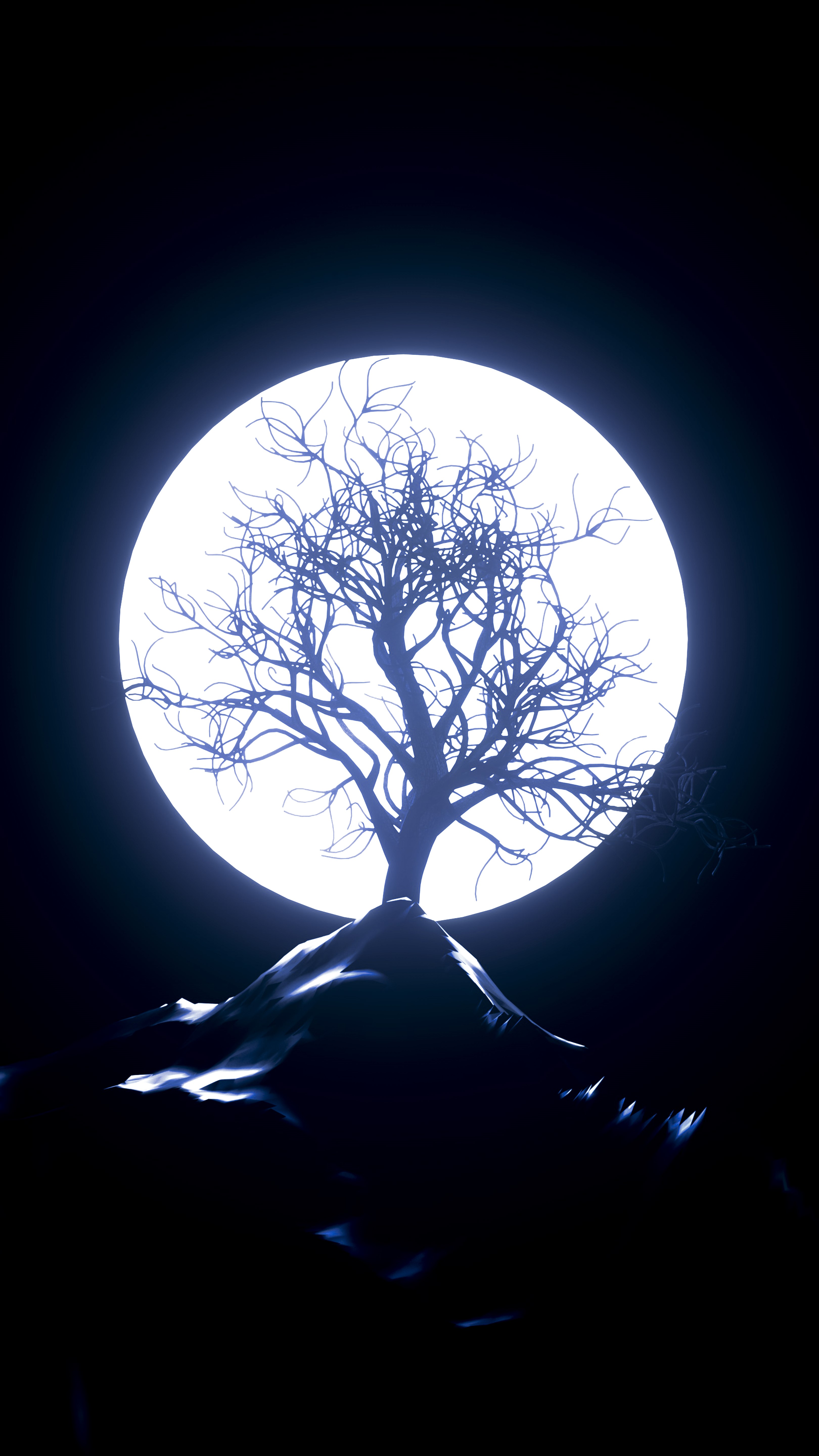 Bare tree on a hill in front of the moon HD Phone Wallpaper