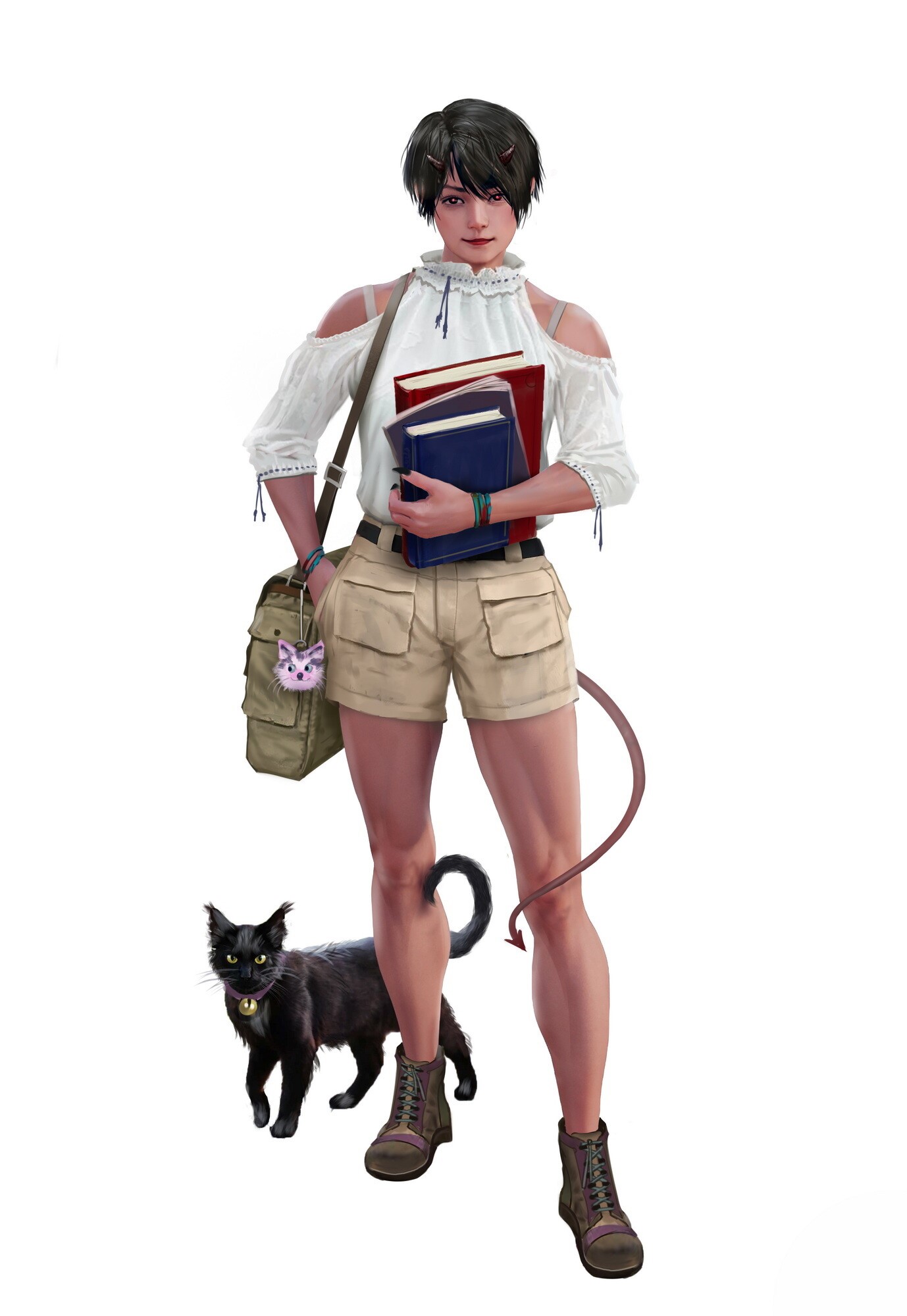 Woman with books and black cat HD Phone Wallpaper