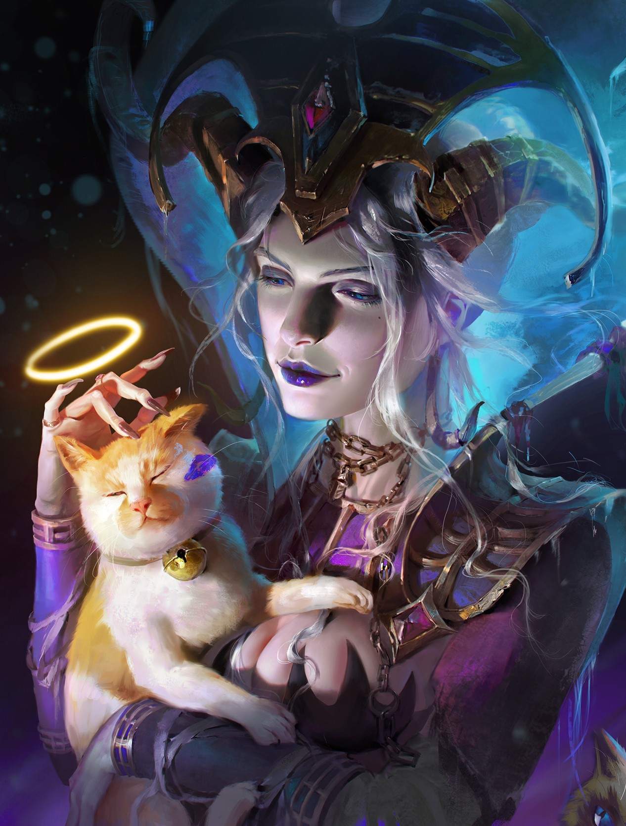 Fantasy woman with crown holding a cat HD Phone Wallpaper