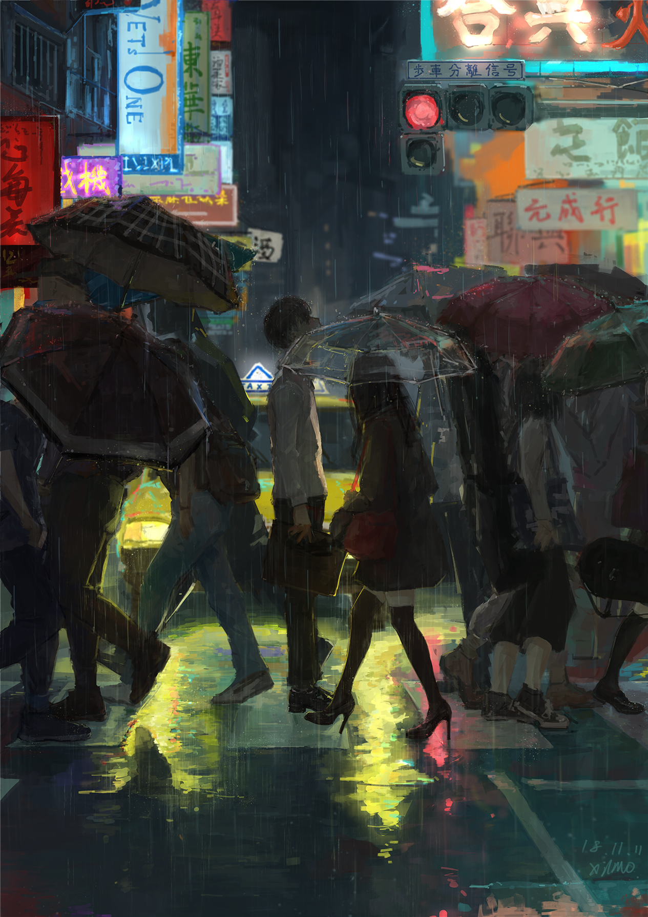 People crossing a street in the rain at night with neon signs HD Phone Wallpaper