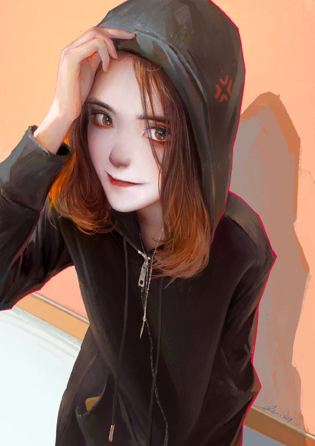 Artwork of a woman wearing a black hoodie HD Phone Wallpaper