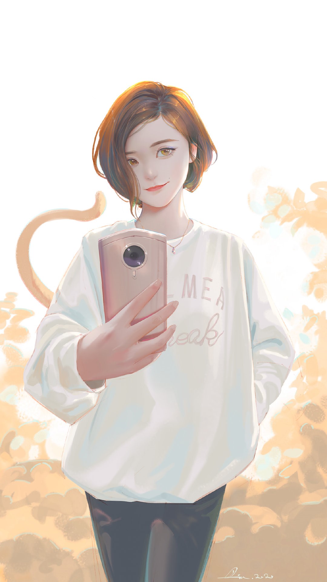 Artwork of a woman taking a selfie with a smartphone HD Phone Wallpaper