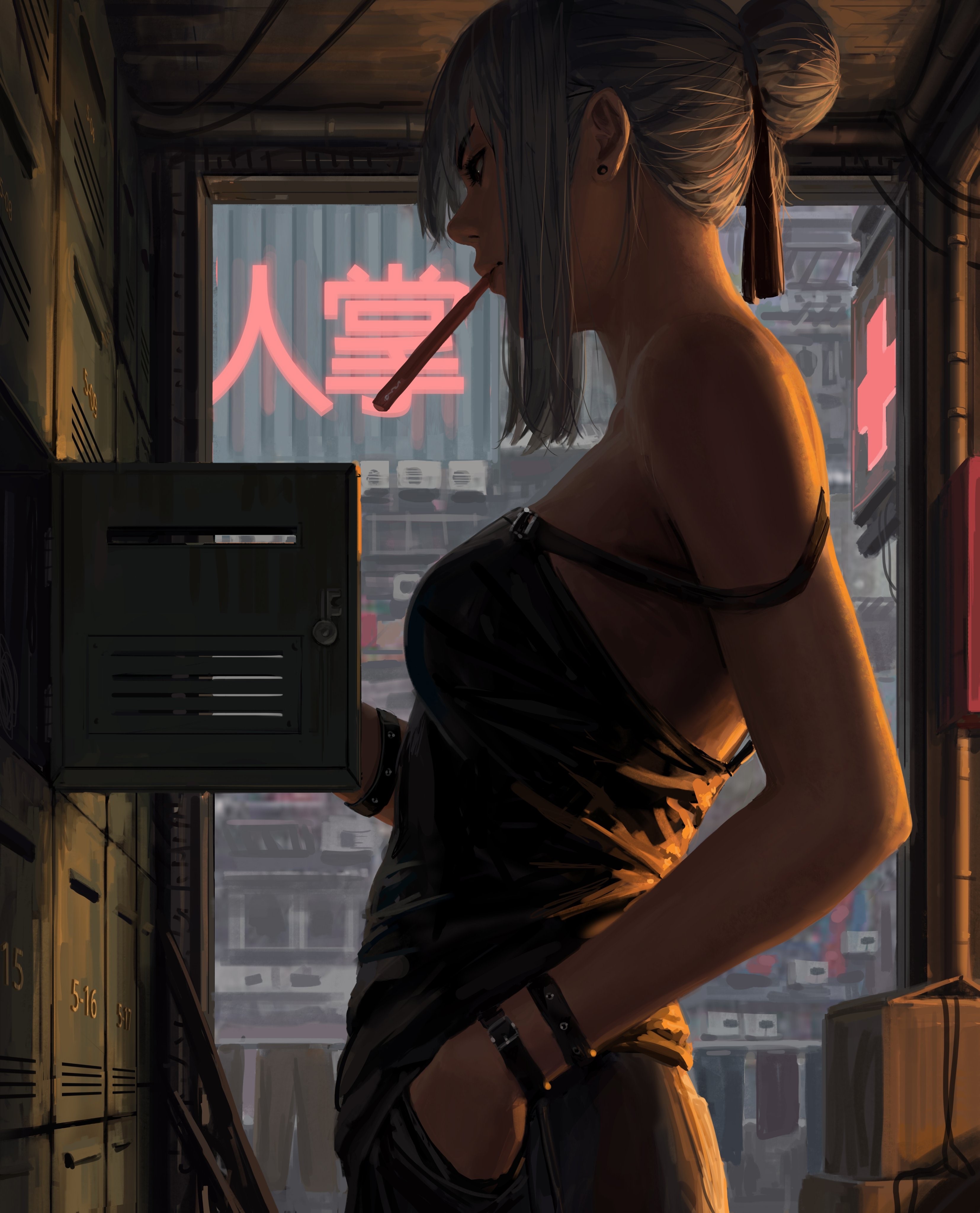 Woman with cigarette in futuristic city by GUWEIZ HD Phone Wallpaper