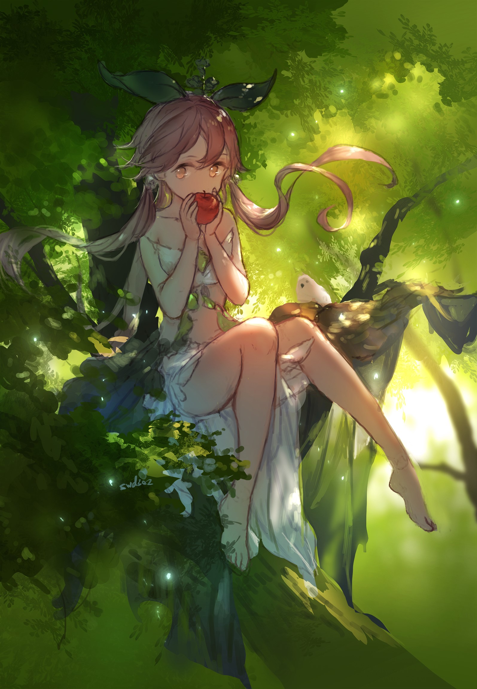 Anime girl eating apple in a tree HD Phone Wallpaper