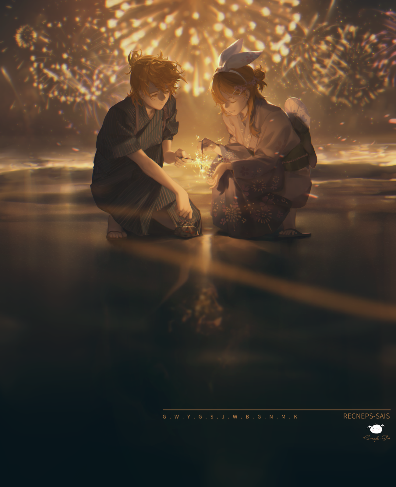 Kagamine Rin and Len with fireworks HD Phone Wallpaper