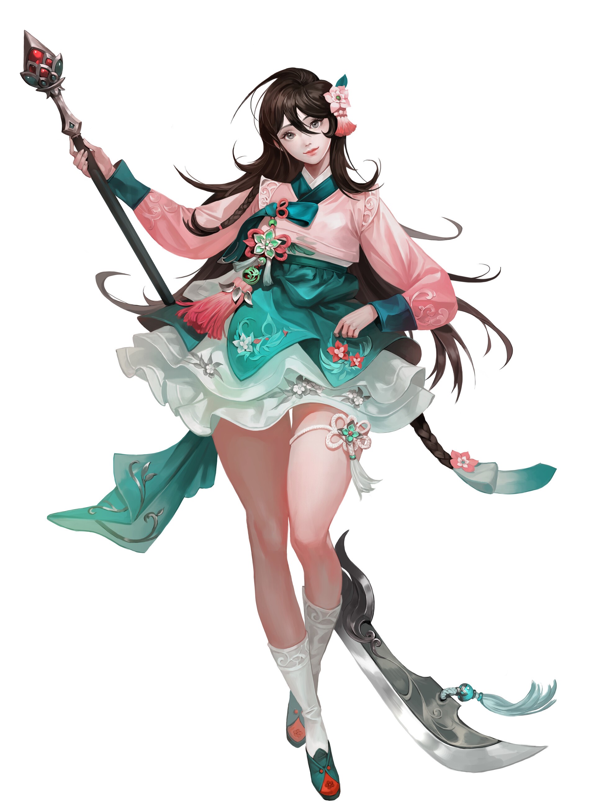 Fantasy girl with staff and weapon, artwork by Sunong HD Phone Wallpaper