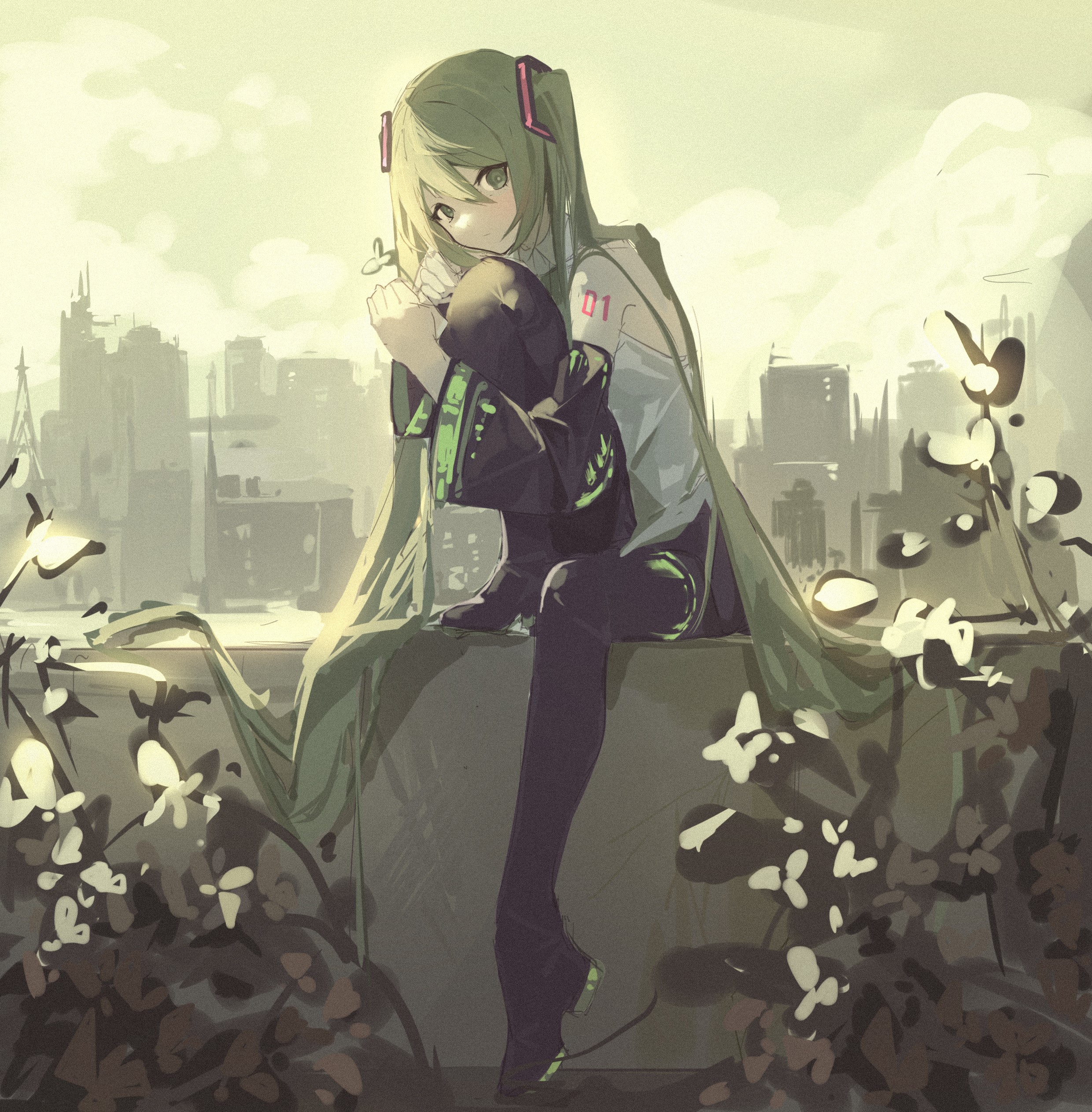 Hatsune Miku from Vocaloid sitting on a ledge HD Phone Wallpaper