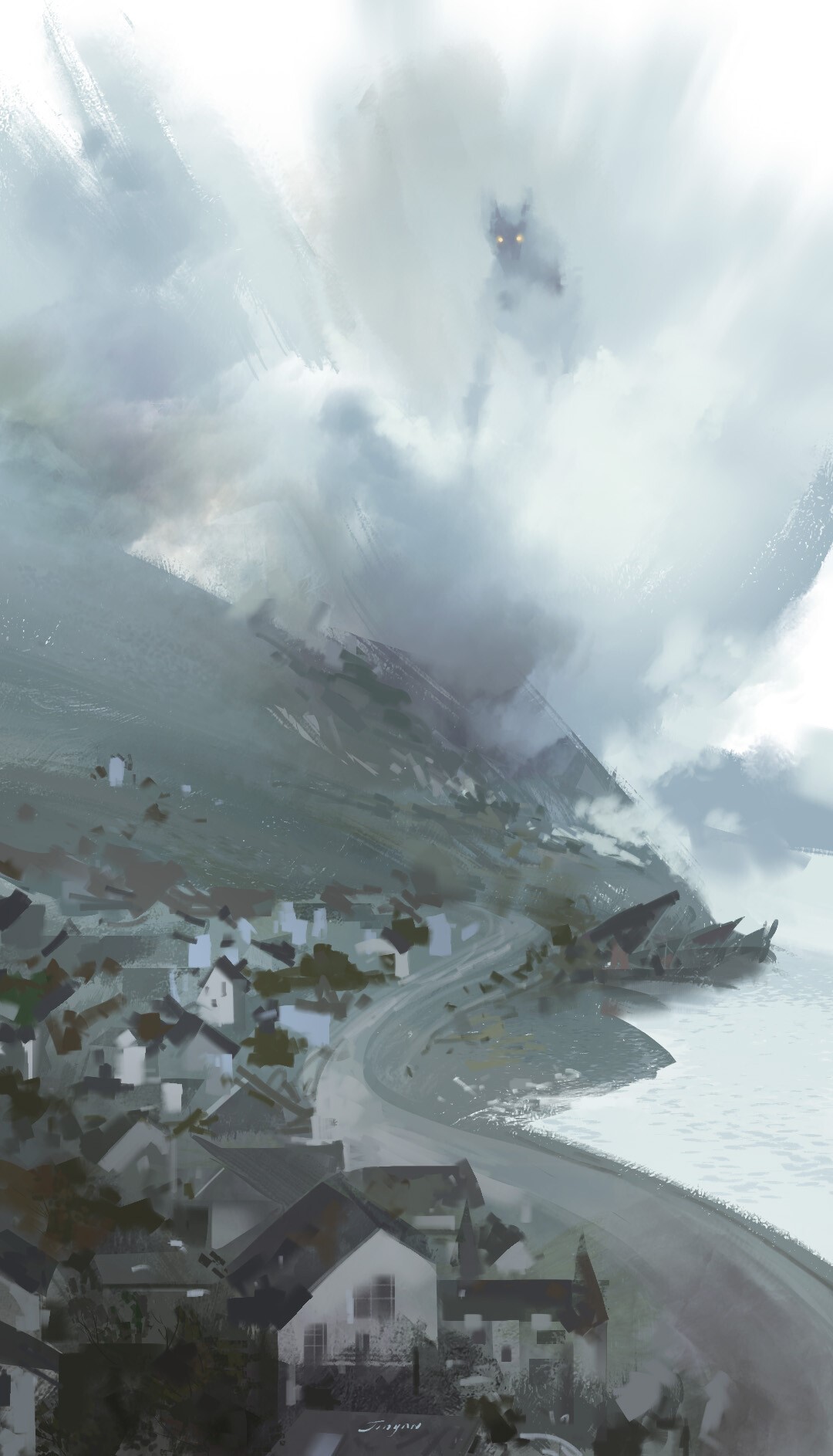 Concept art of a village by the sea with a creature in the clouds HD Phone Wallpaper