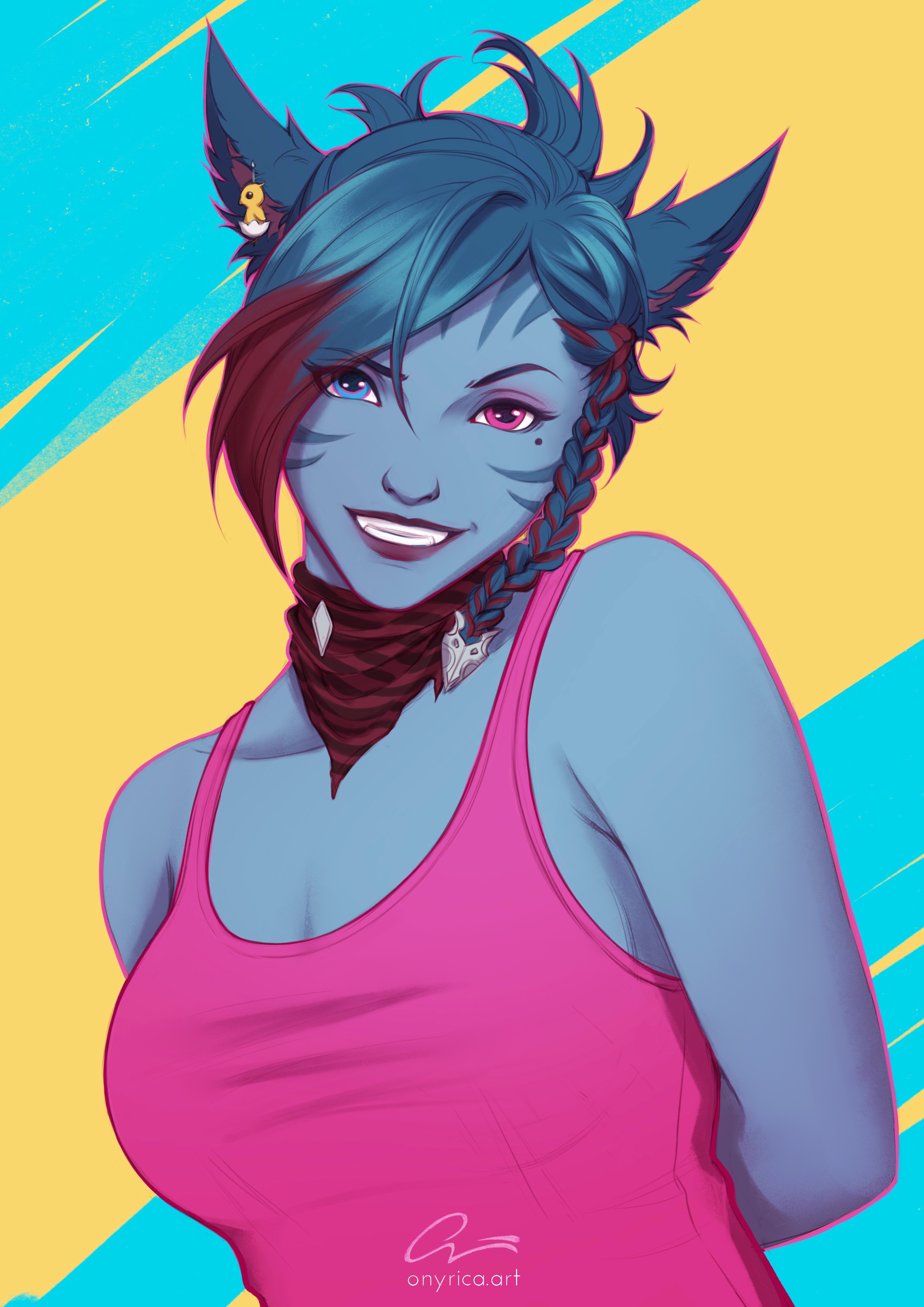 Blue cat-eared woman with heterochromia and pink tank top HD Phone Wallpaper