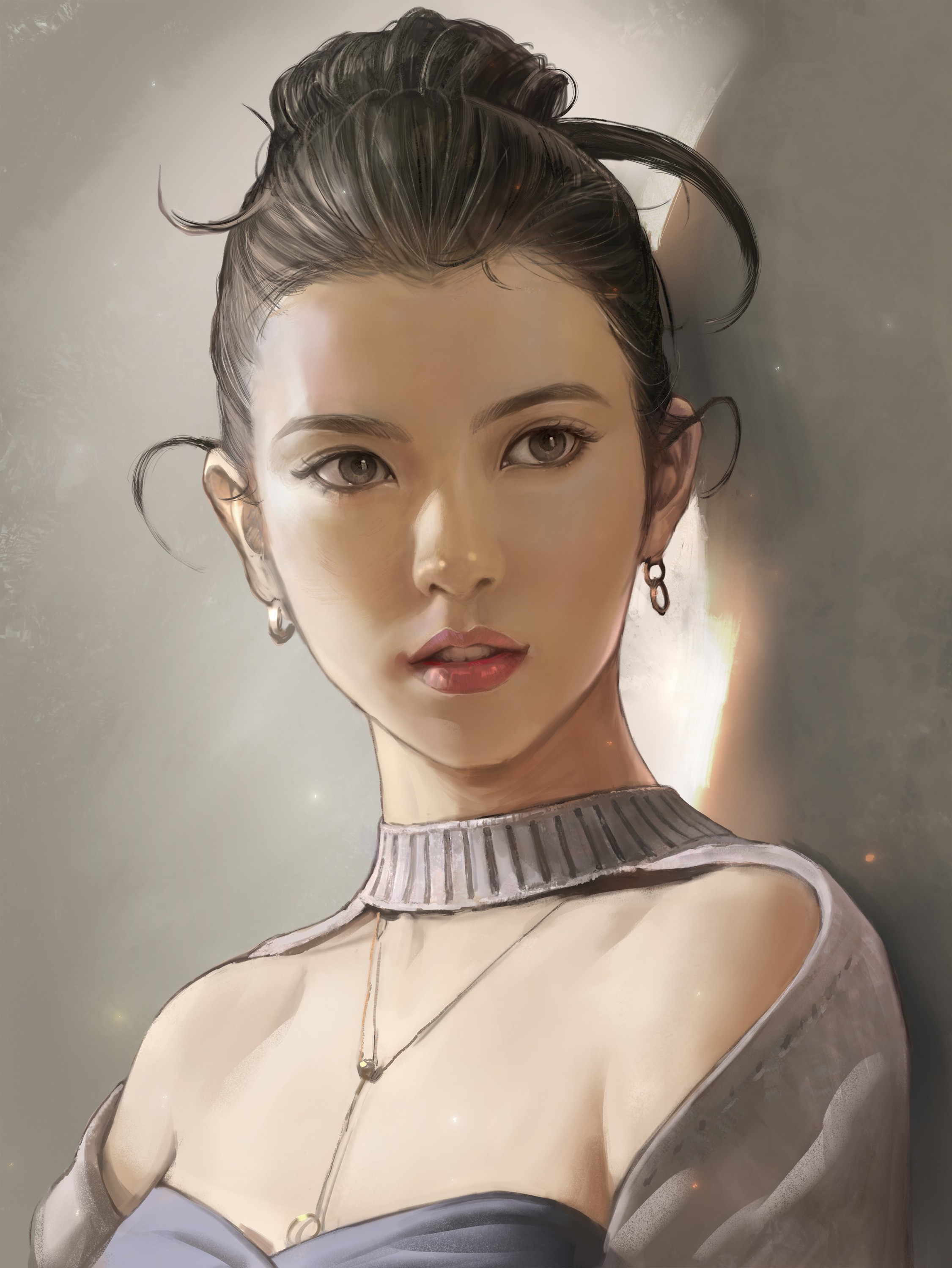 Artwork of a woman with dark hair in a bun HD Phone Wallpaper