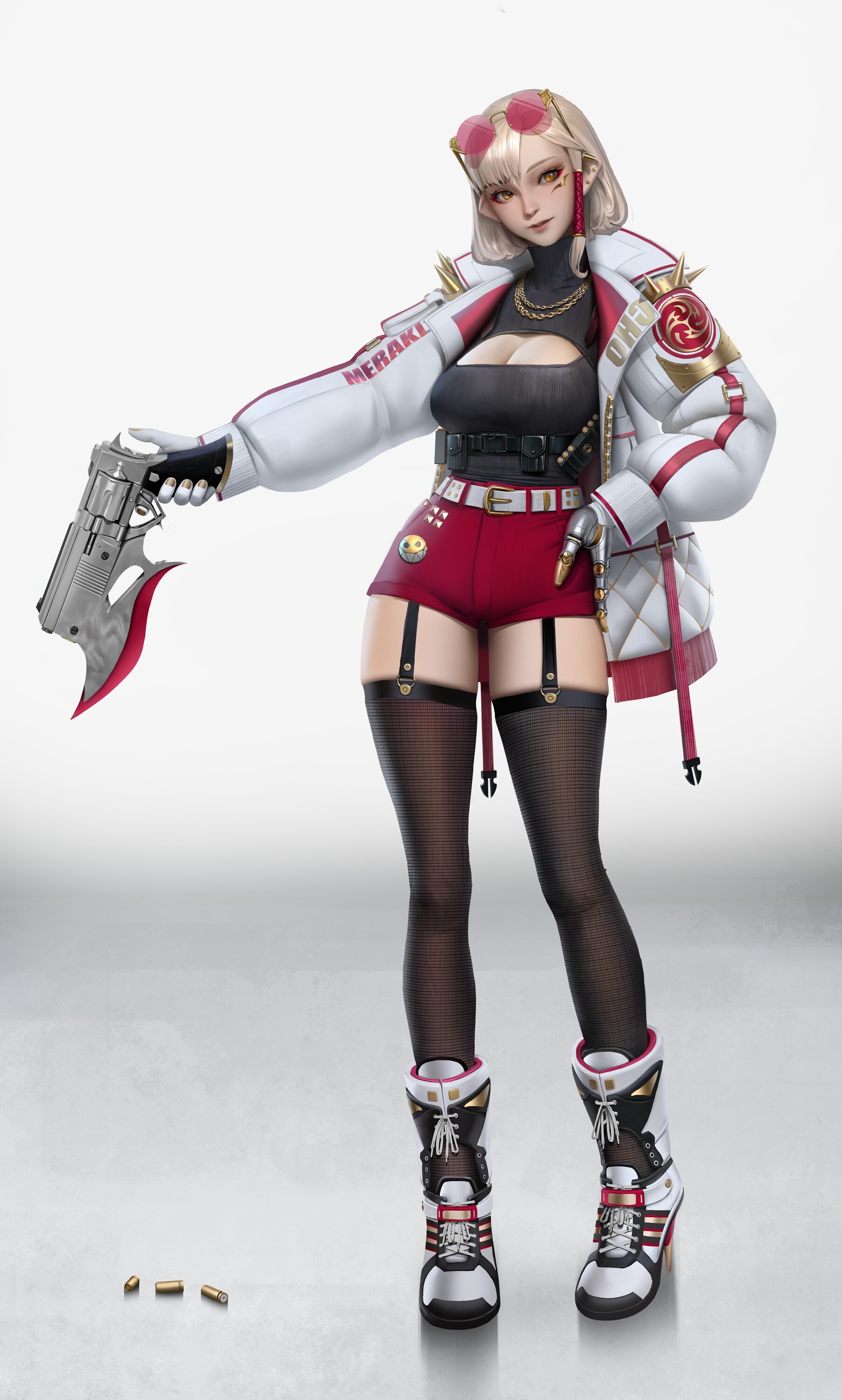 Anime girl with gun and red shorts HD Phone Wallpaper