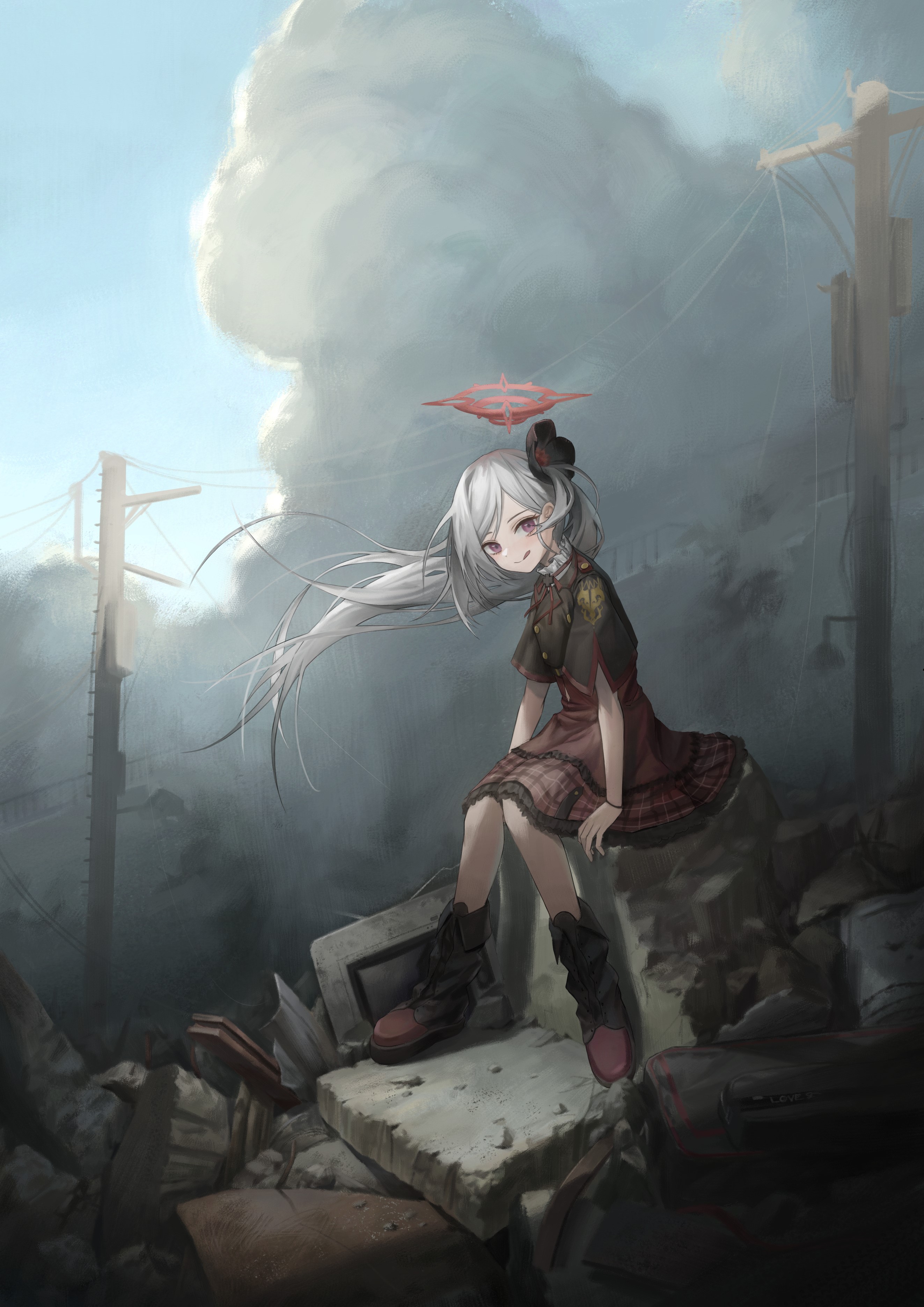 Anime girl with white hair in a ruined city HD Phone Wallpaper