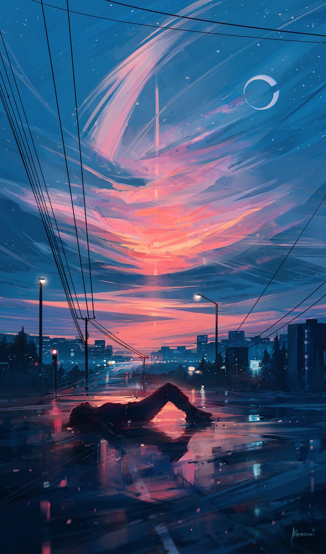 Artwork of a person lying on a wet street during sunset HD Phone Wallpaper