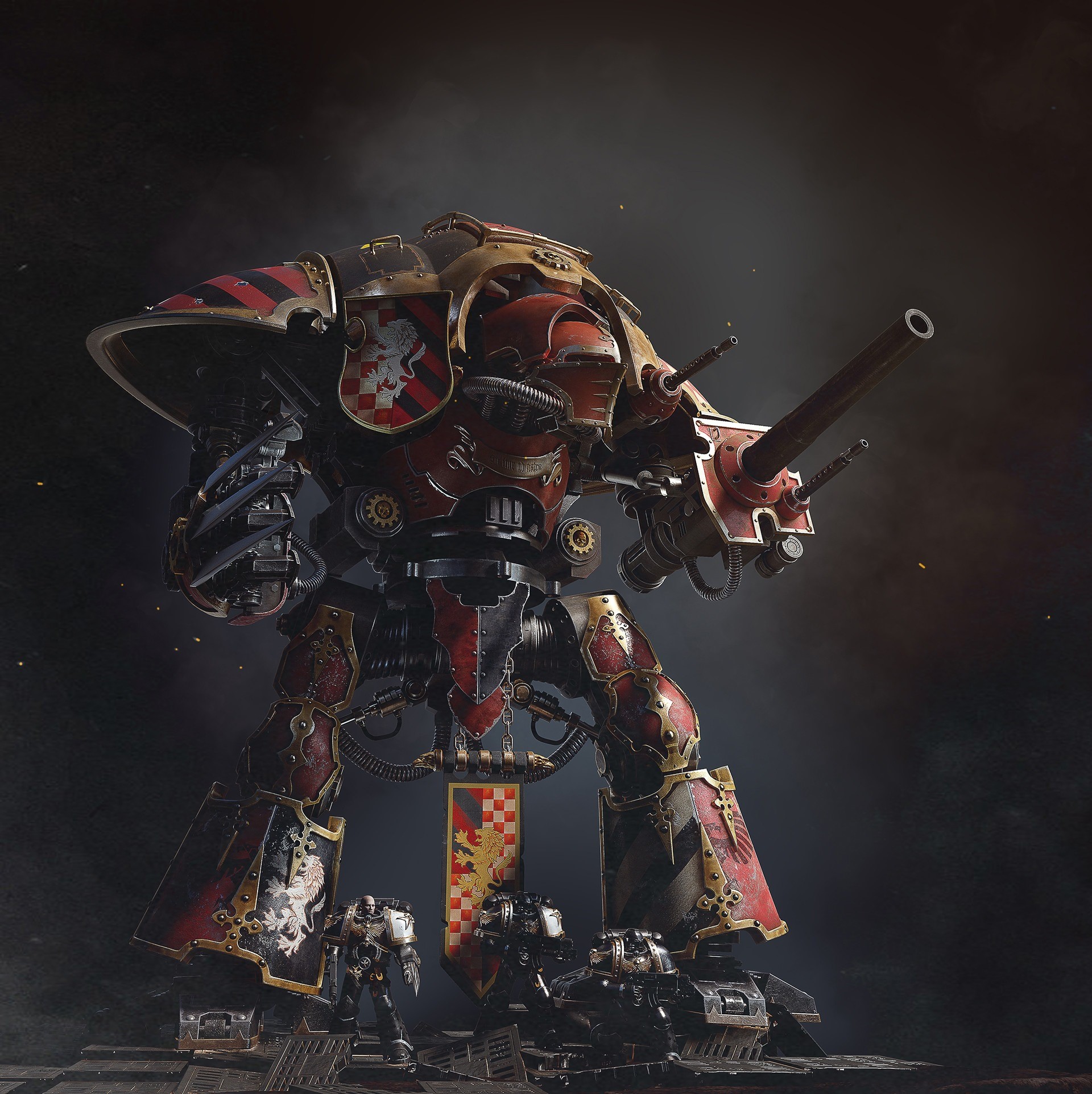 Warhammer Imperial Knight with smaller figures HD Phone Wallpaper
