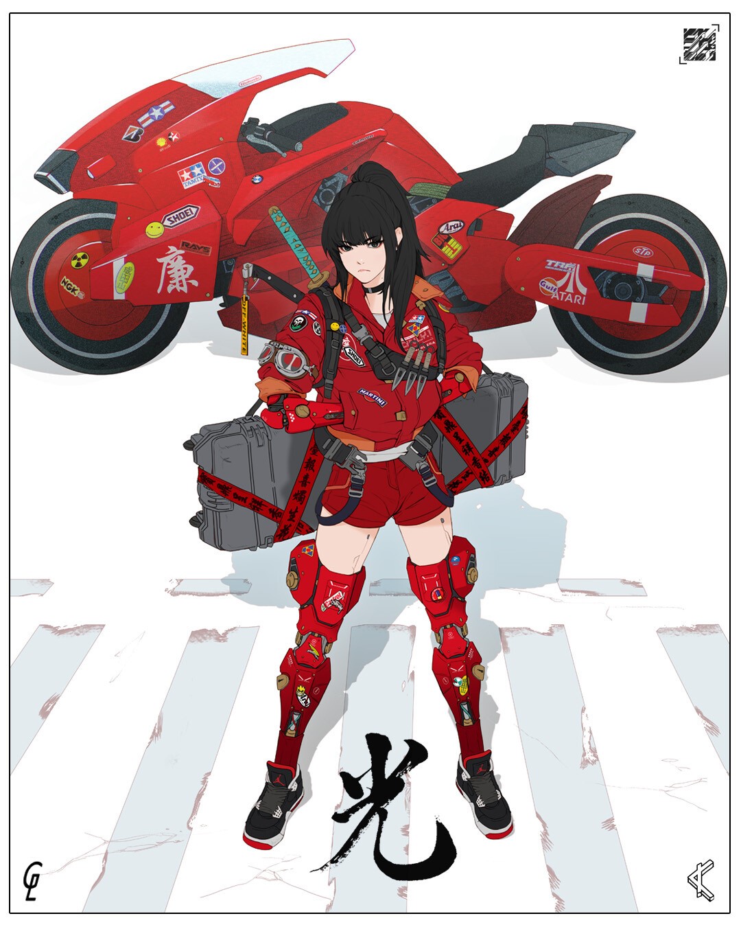 Cyberpunk bounty hunter with red motorcycle HD Phone Wallpaper