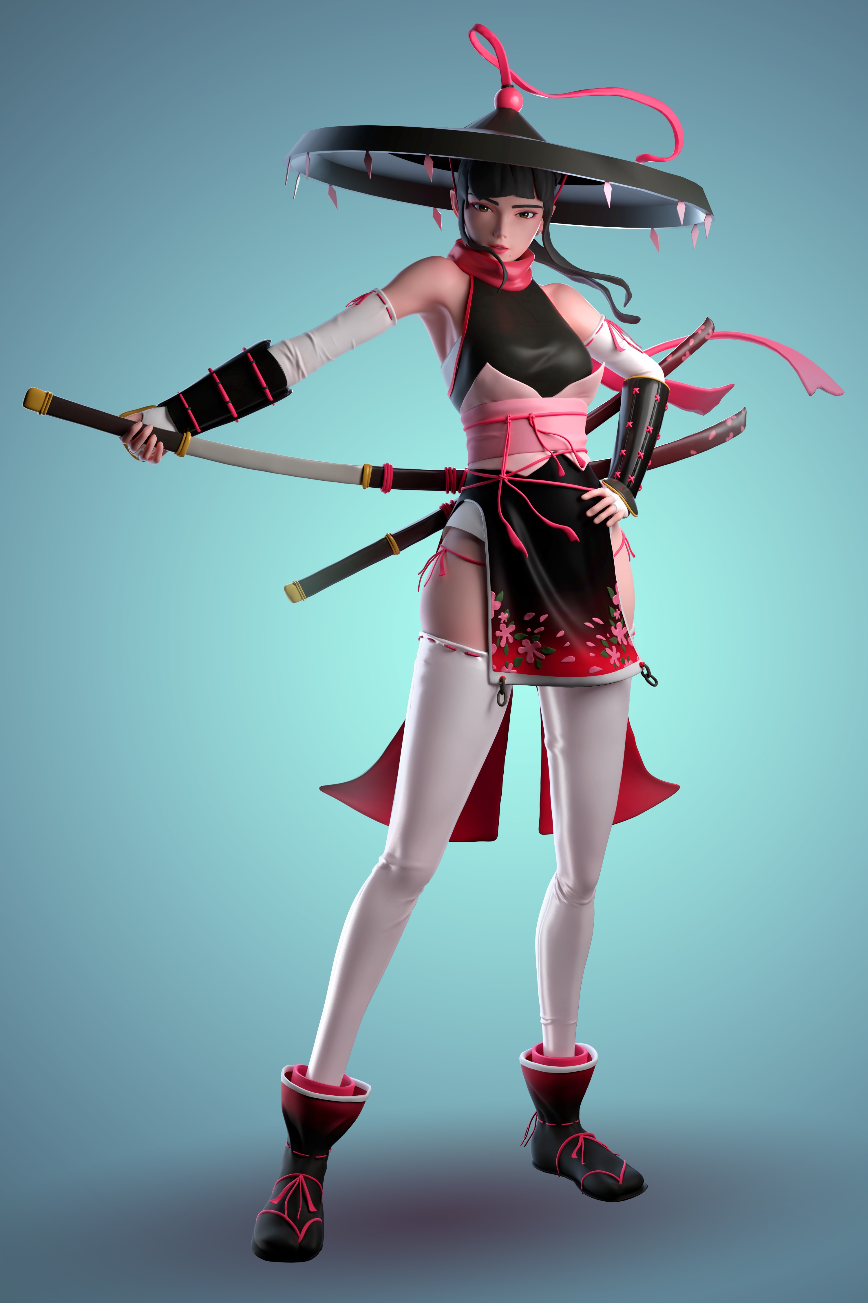 Samurai woman with swords and hat HD Phone Wallpaper