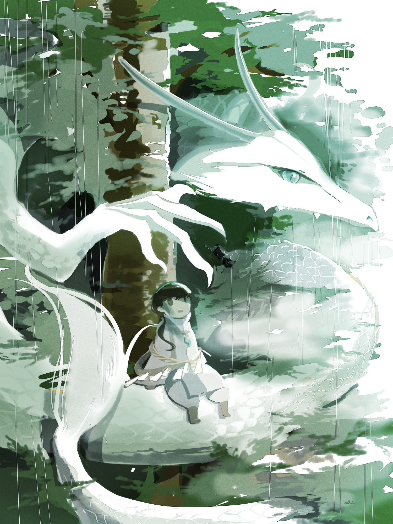 A girl sits on a white dragon in a forest HD Phone Wallpaper