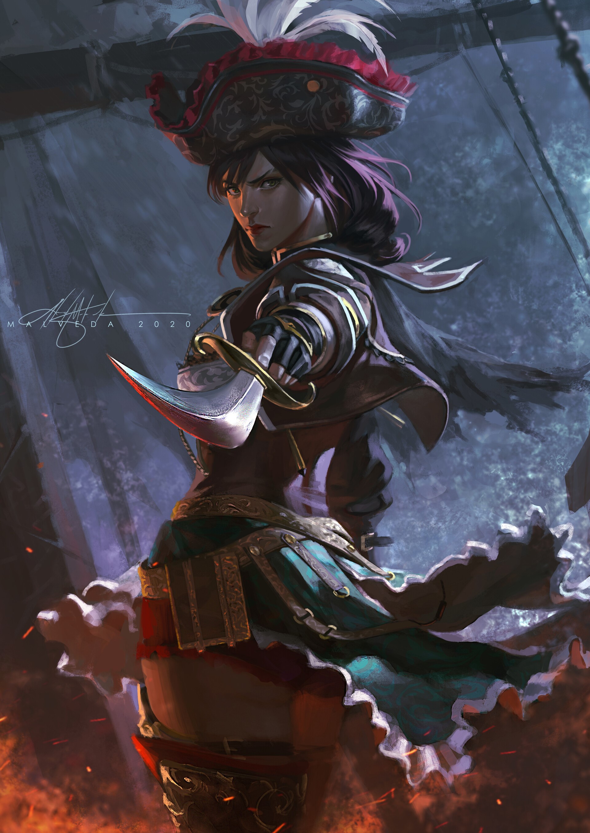 Pirate woman with sword and hat HD Phone Wallpaper