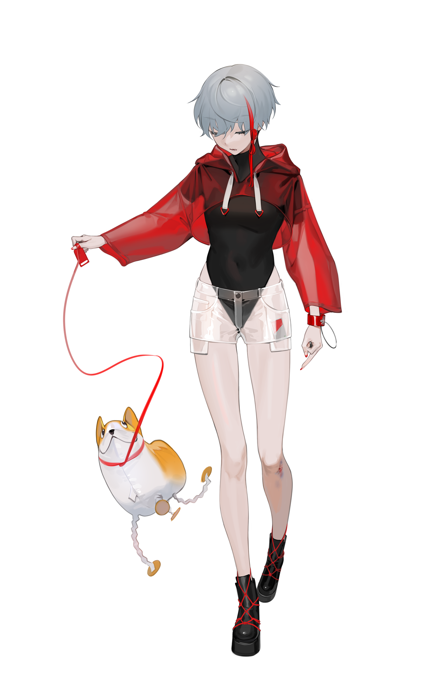 Anime girl with grey hair walking a dog HD Phone Wallpaper