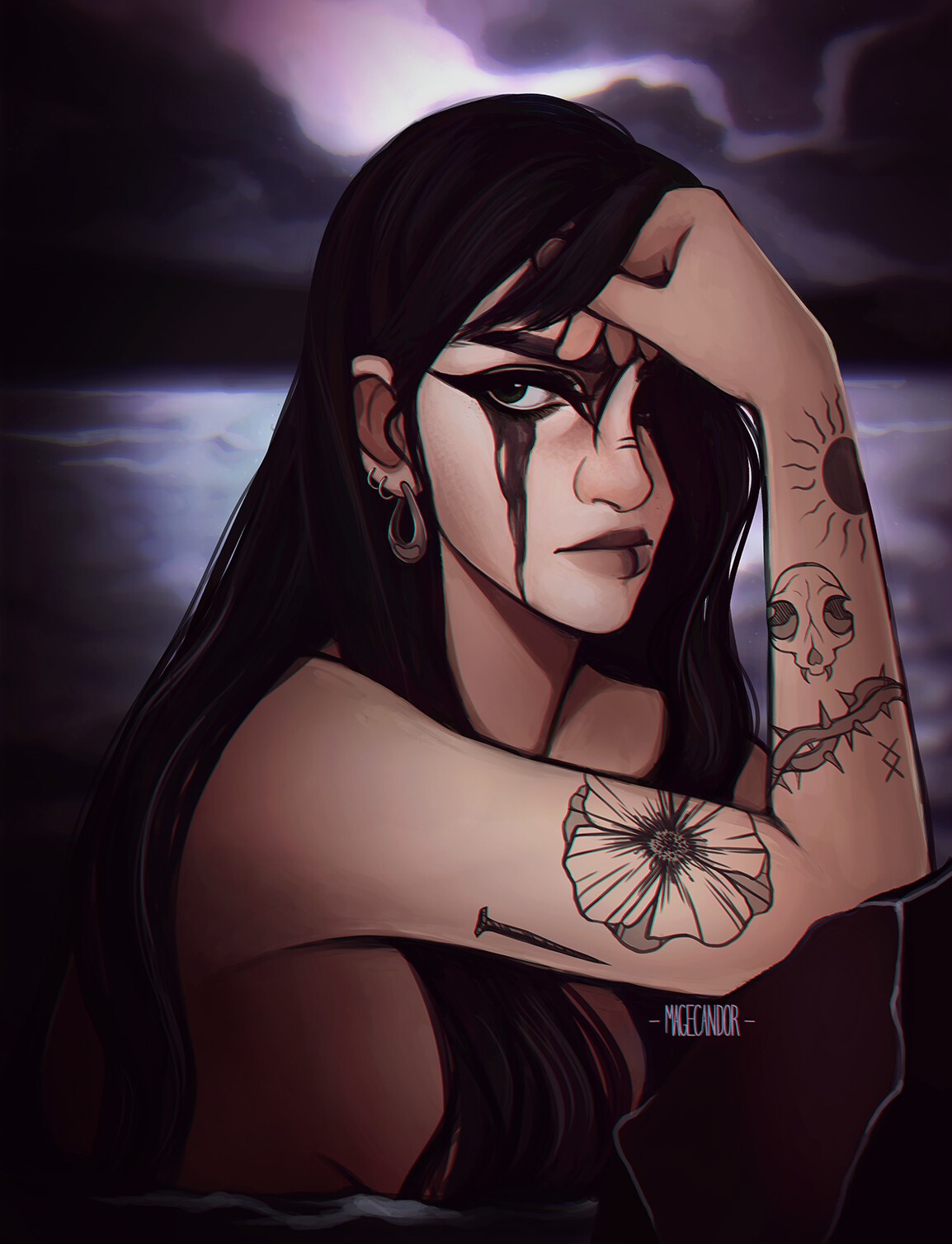 Artwork of a woman with dark hair and tattoos HD Phone Wallpaper