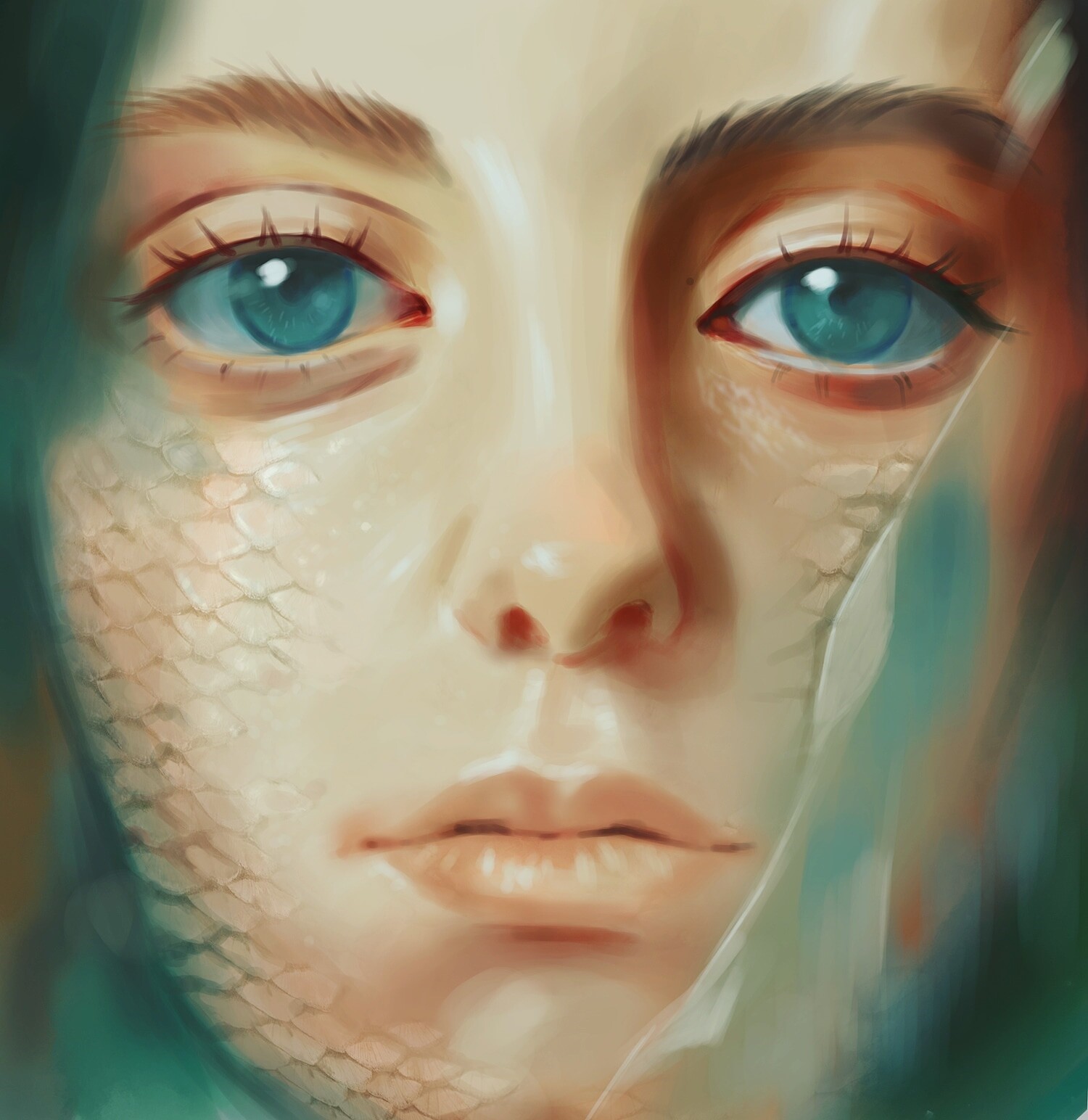 Portrait of a woman with blue eyes and scales HD Phone Wallpaper