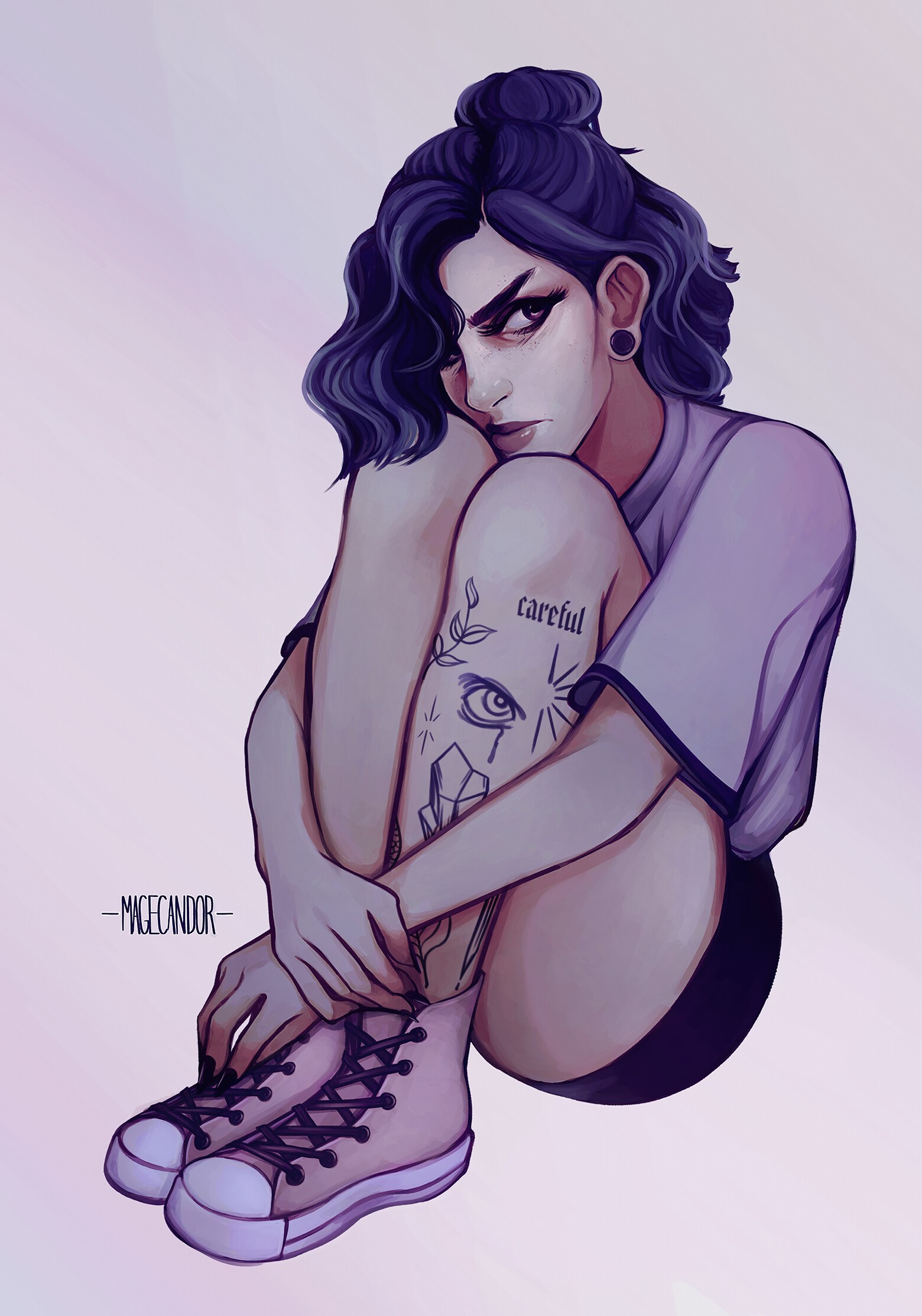 Artwork of a woman with purple hair and tattoos HD Phone Wallpaper