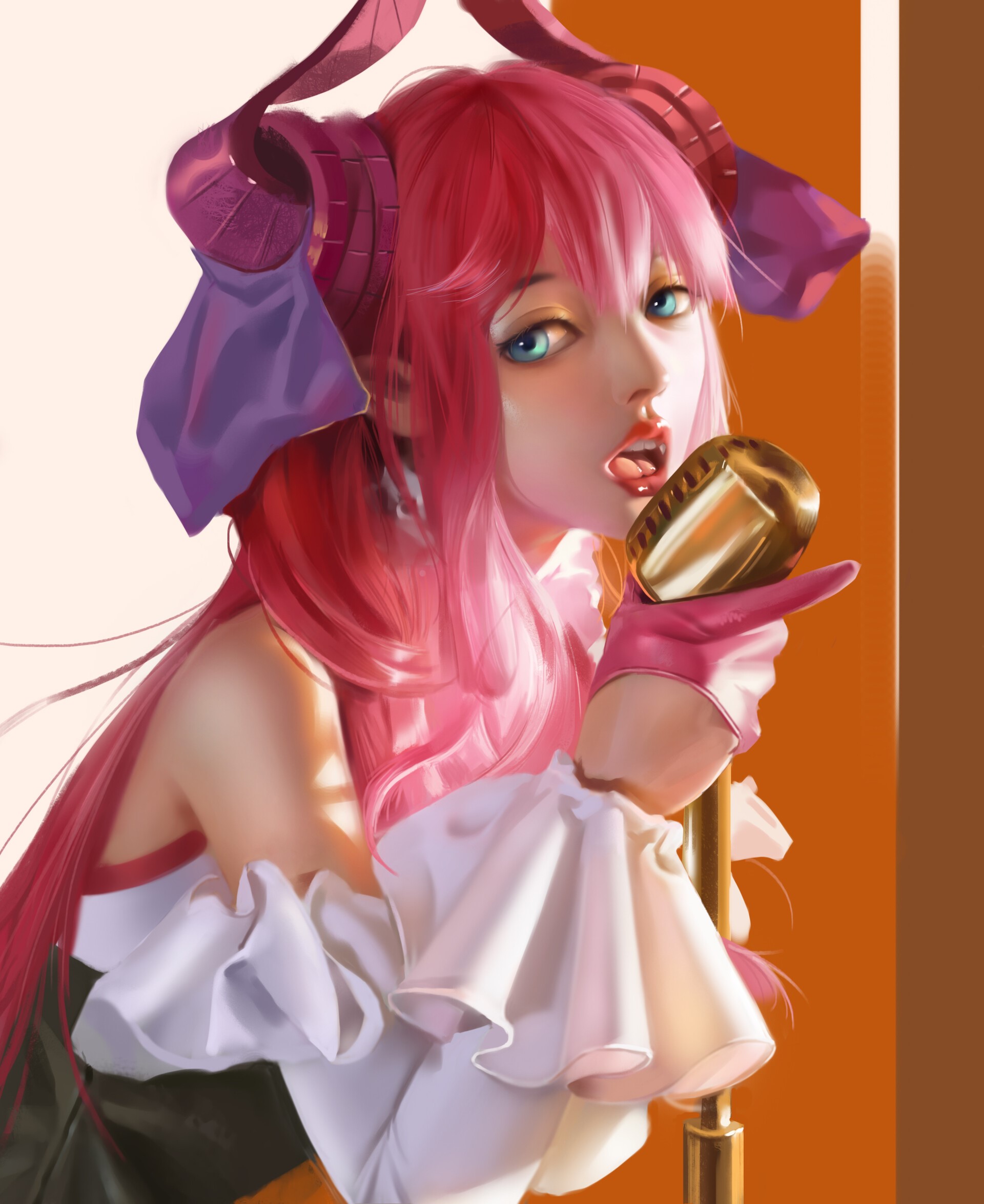 Woman with pink hair singing into a microphone HD Phone Wallpaper