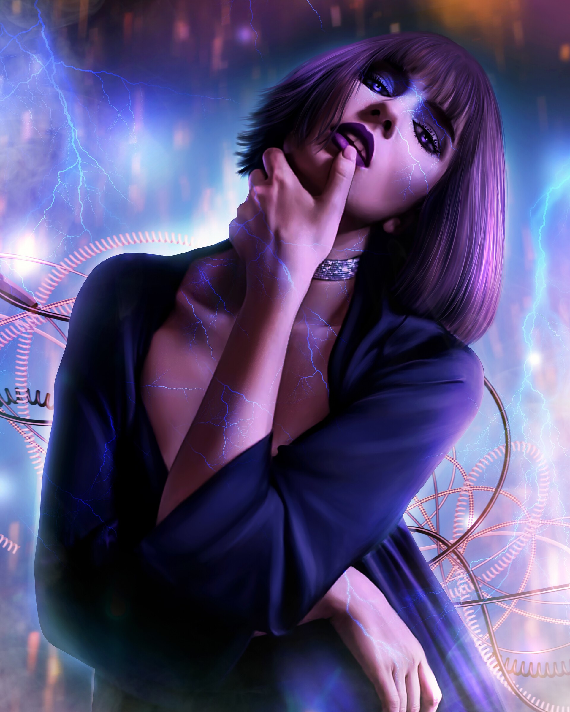 Woman with short hair touching face with lightning background HD Phone Wallpaper