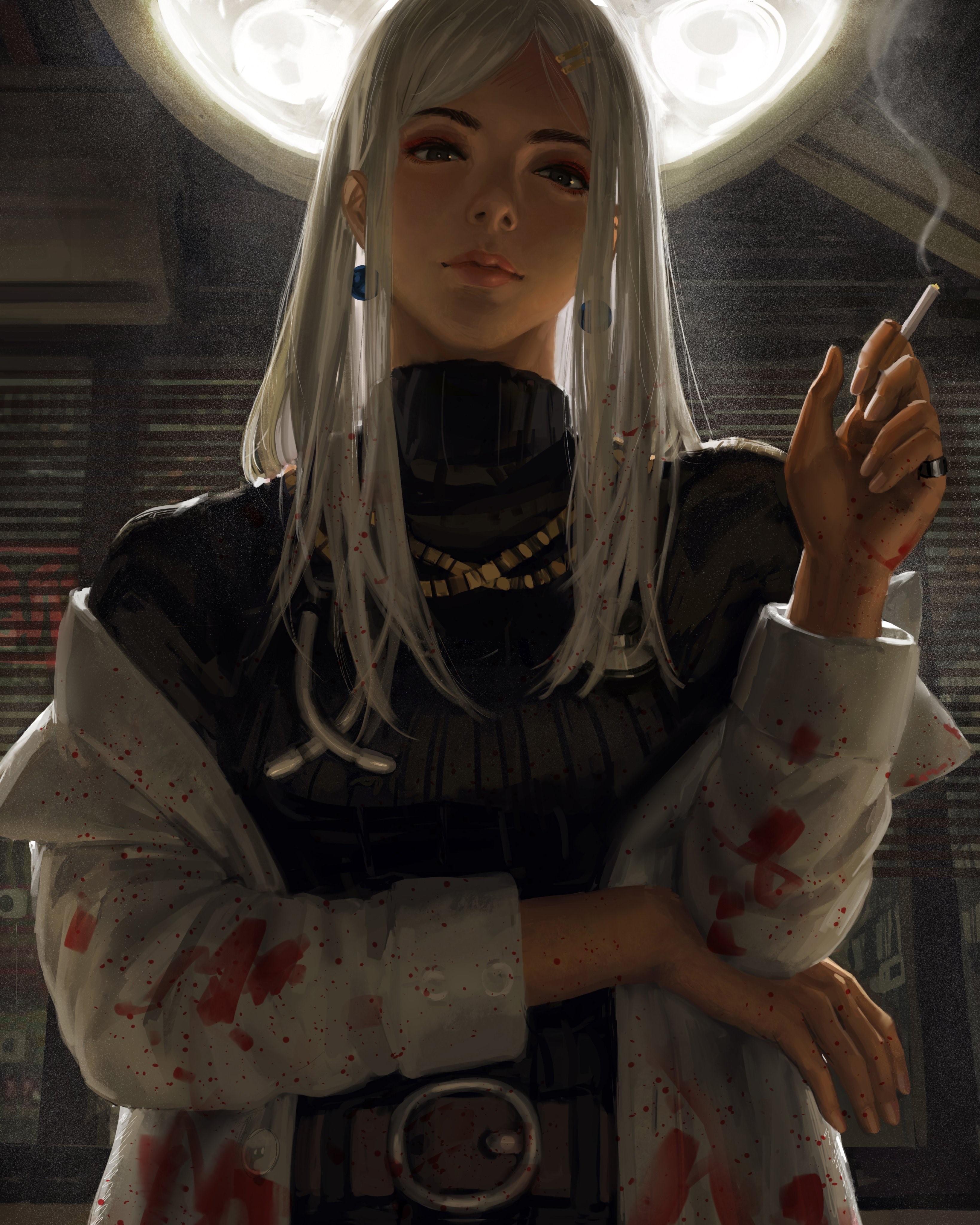 Woman smoking in a bloody lab coat HD Phone Wallpaper